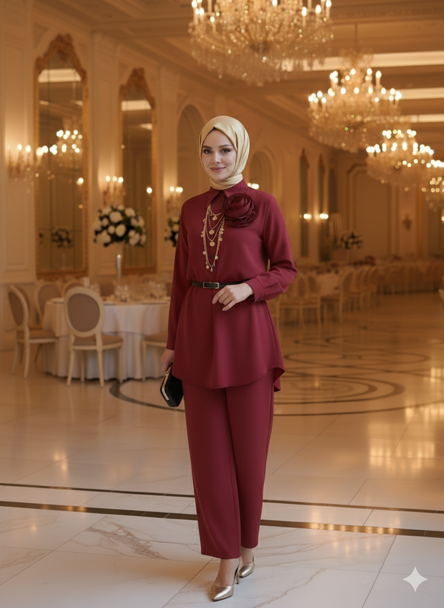 Woman in a burgundy outfit standing in an elegant dining hall with chandeliers.