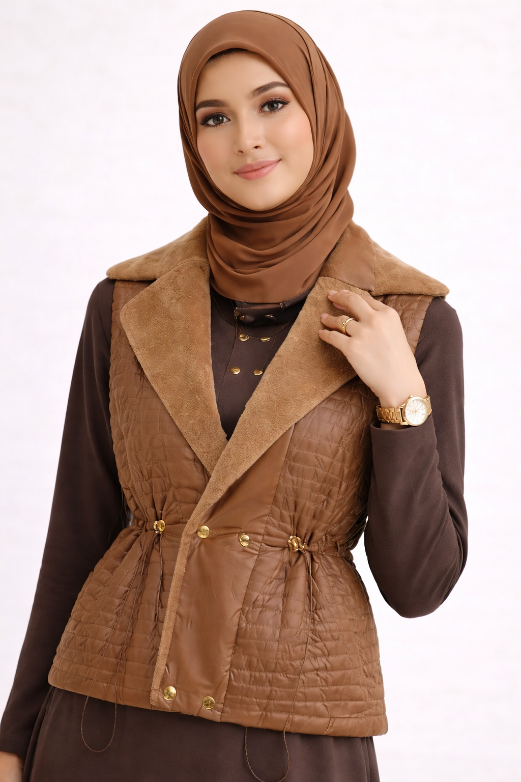 Quilted Faux Fur Layered Dress Set-Deep Cocoa