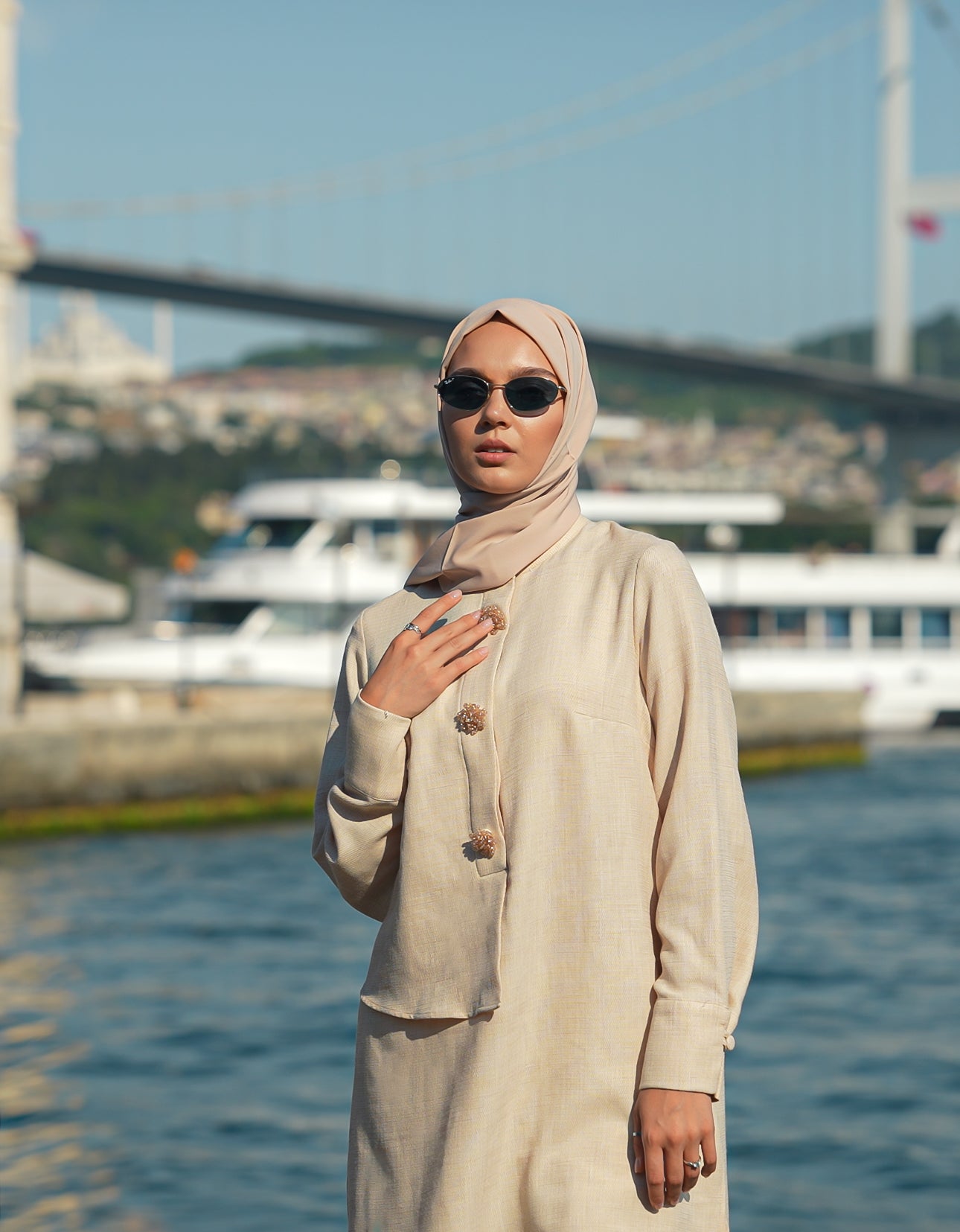 Brooch Accent Tunic In Misted Gold