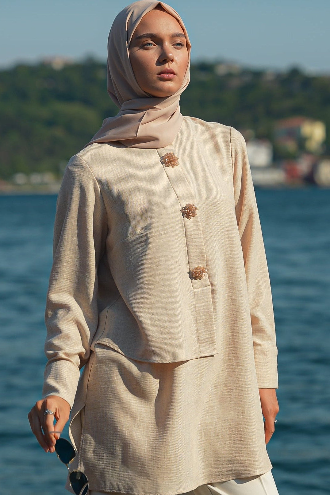 Brooch Accent Tunic in Misted Gold | Huda Luxe Modesty