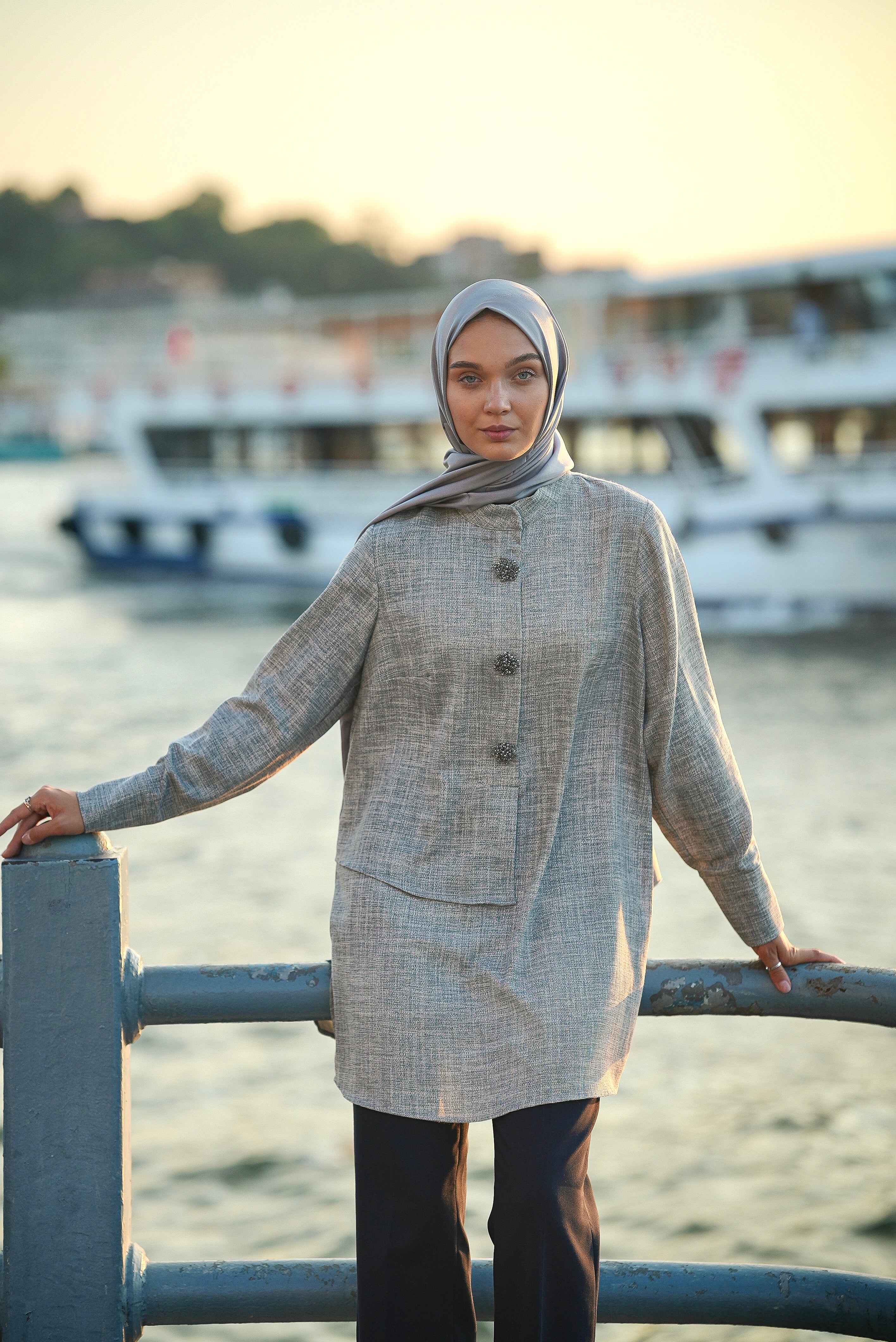 Brooch Accent Tunic In Dusky Sea