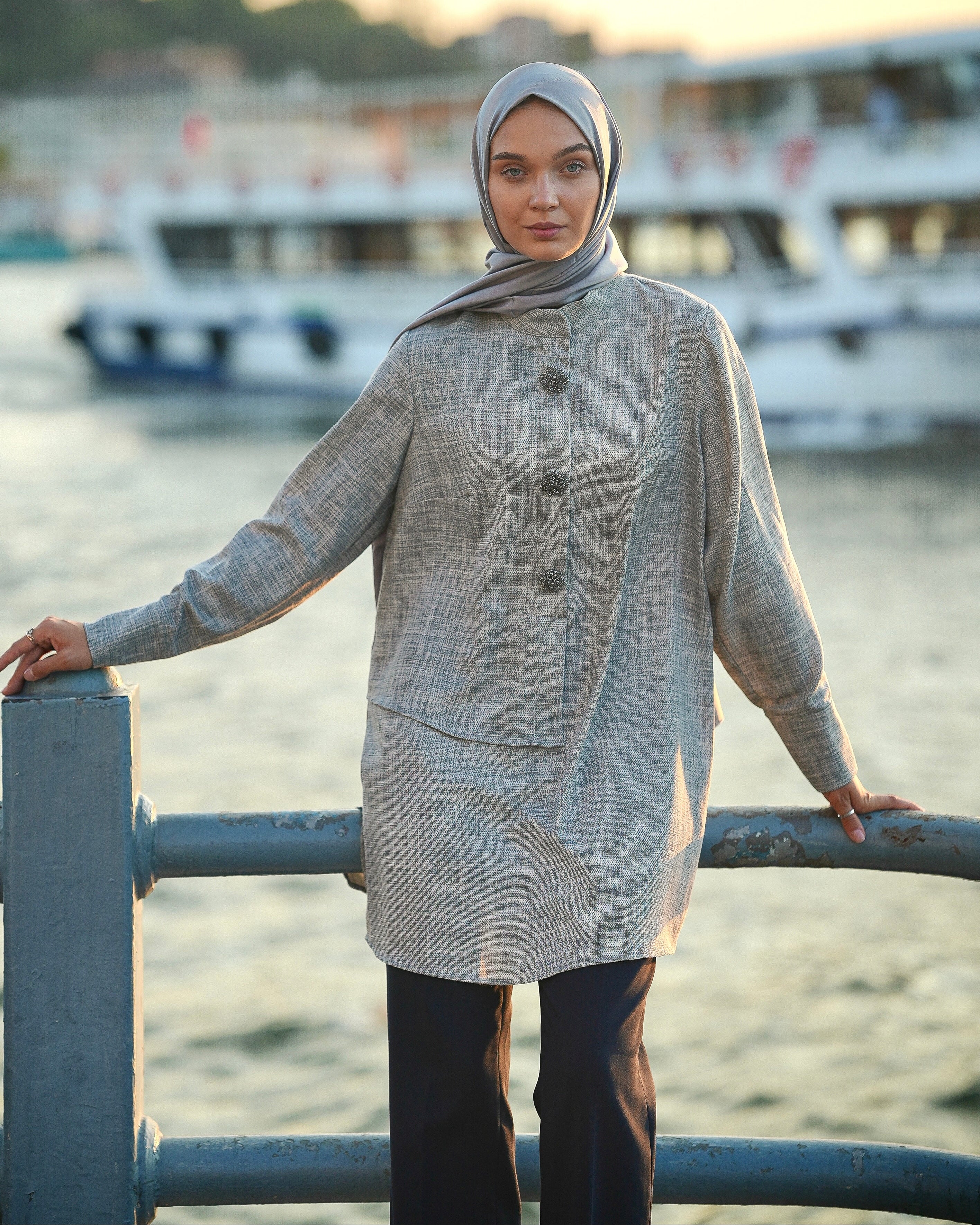 Brooch Accent Tunic In Dusky Sea