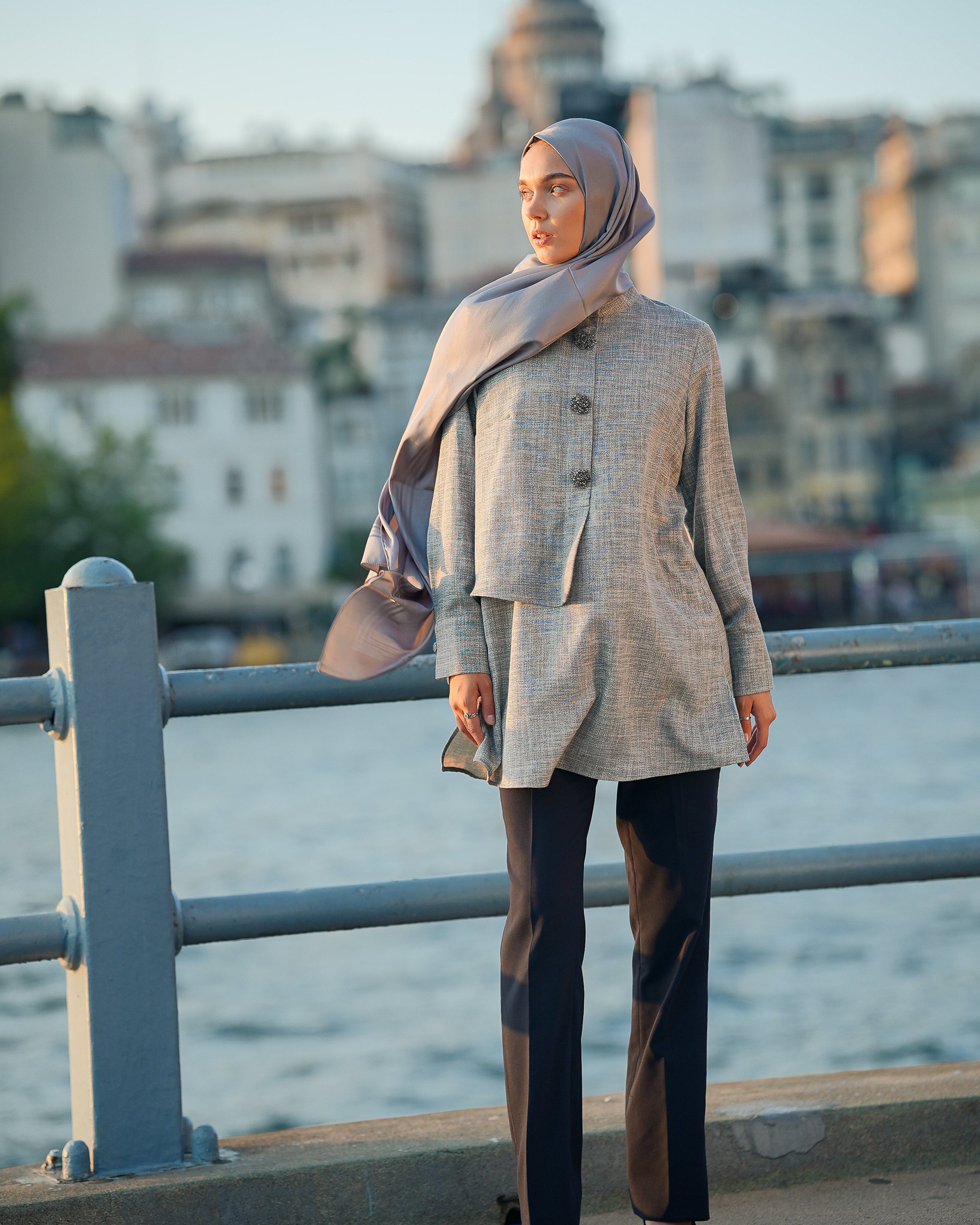 Brooch Accent Tunic In Dusky Sea