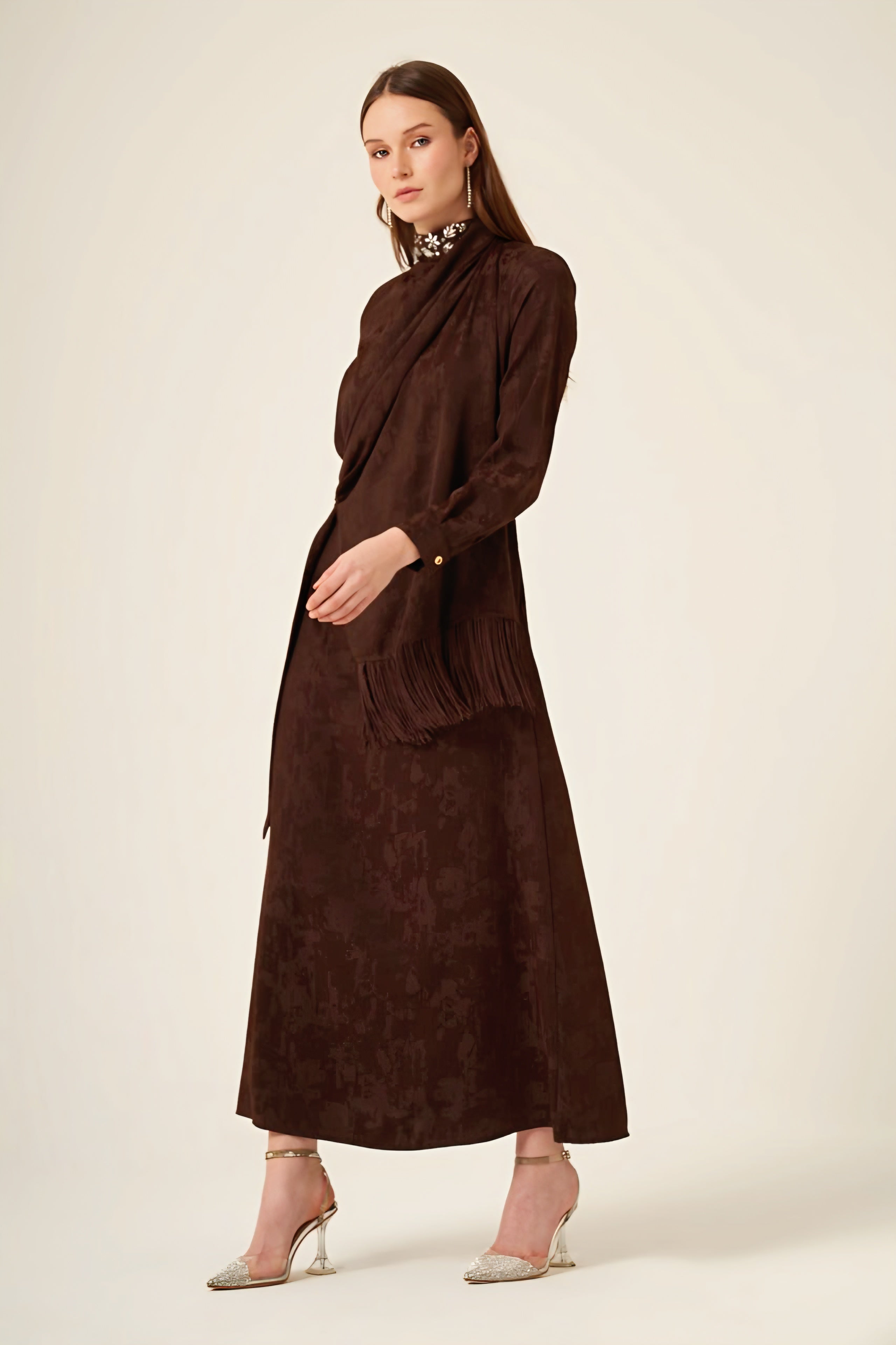 Diamond Yoke Draped Jacquar Dress-Deep Cocoa