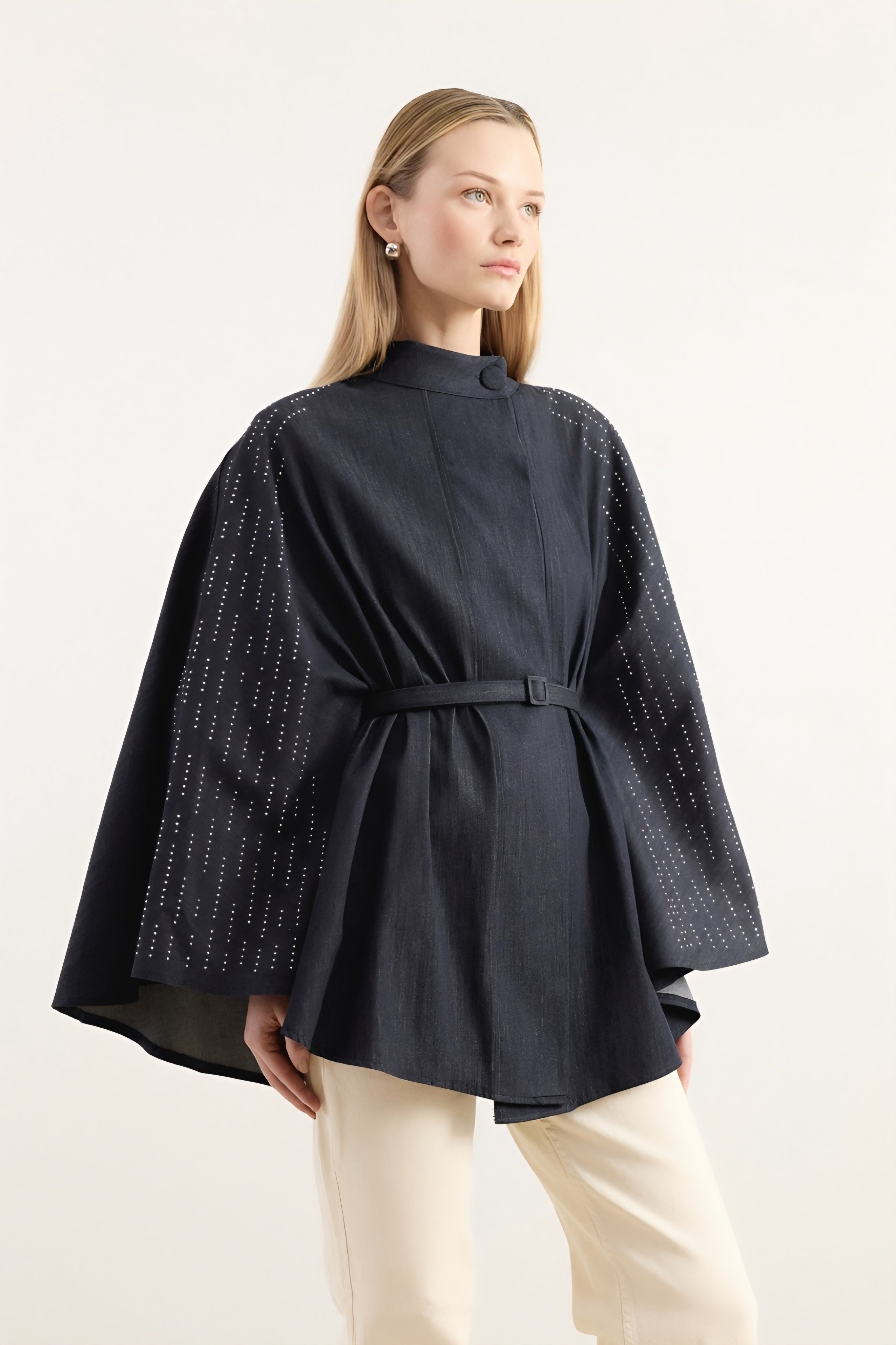 Strass-Embellished Belted Cape Jacket