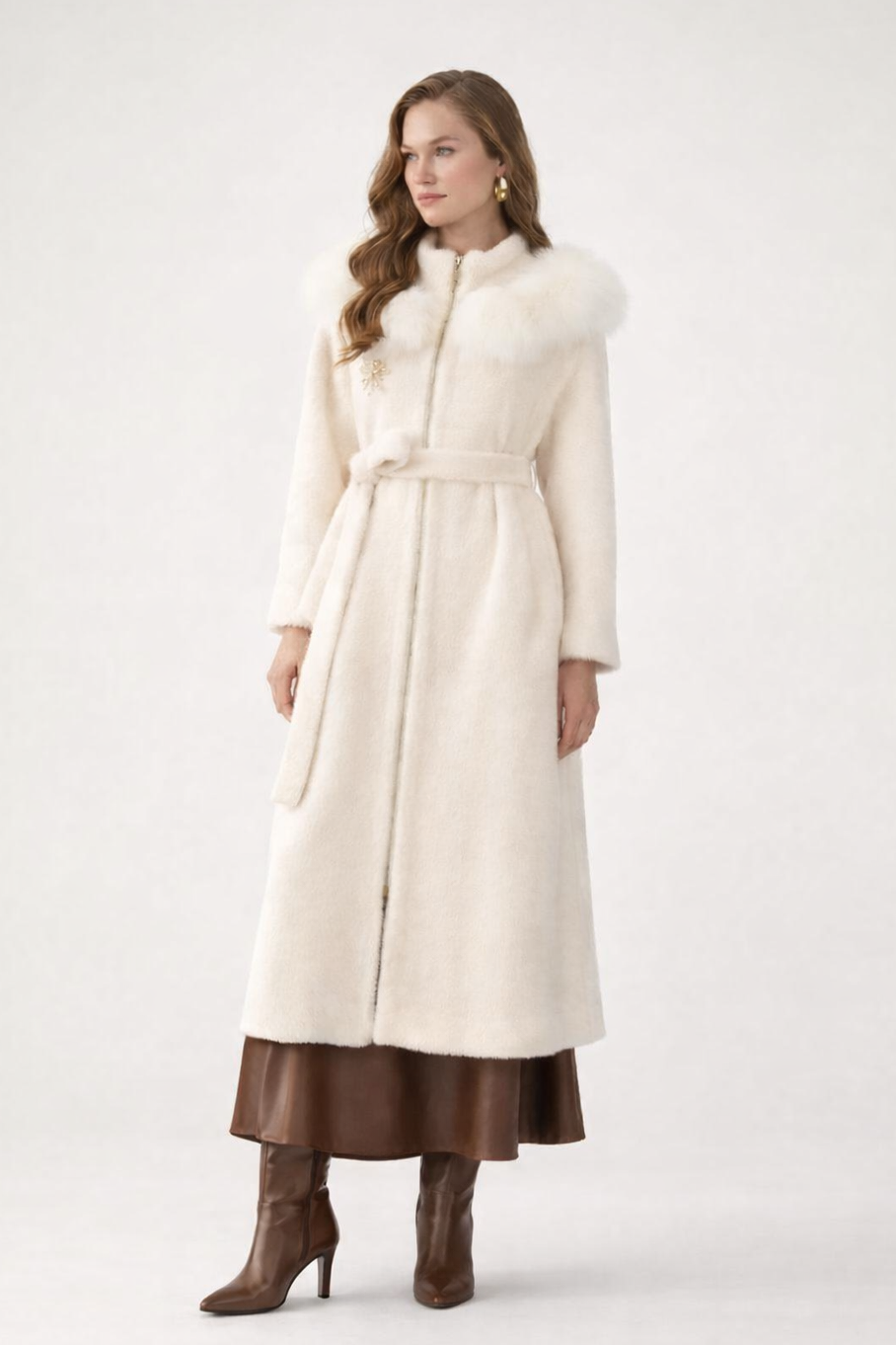 Angora-Touch Coat with Fur Cape Accent - Cloud Dancer