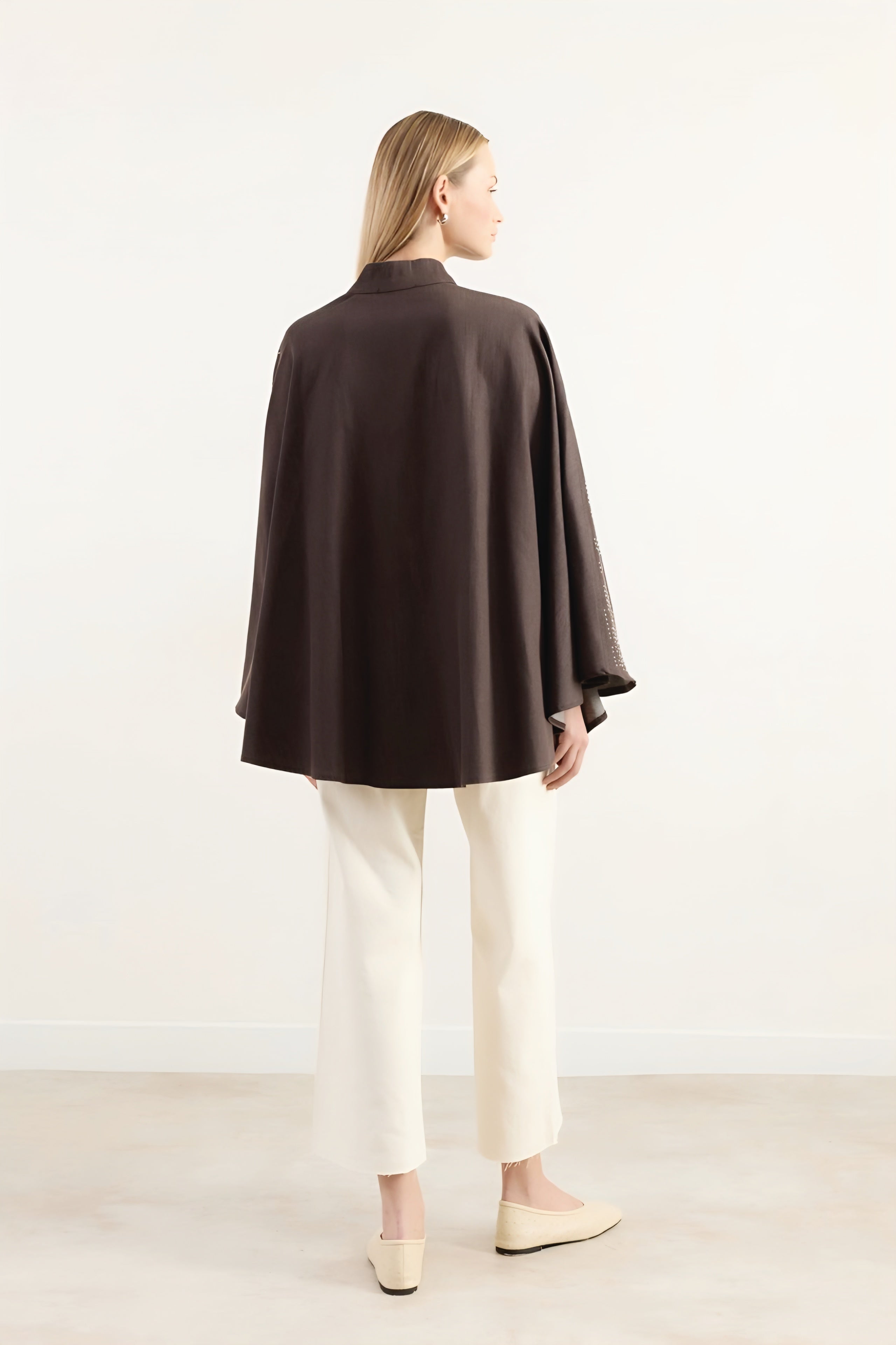 Strass-Embellished Belted Cape Jacket - Soft Mocha