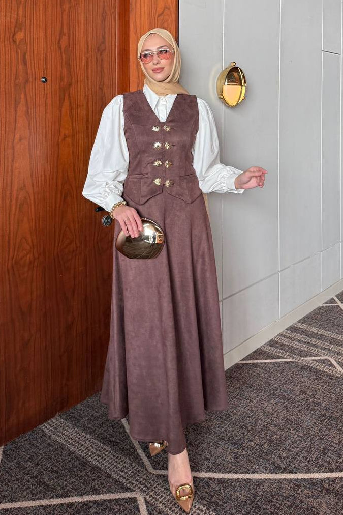 Gold Sculpted Buttons Vest Skirt Set-Cocoa