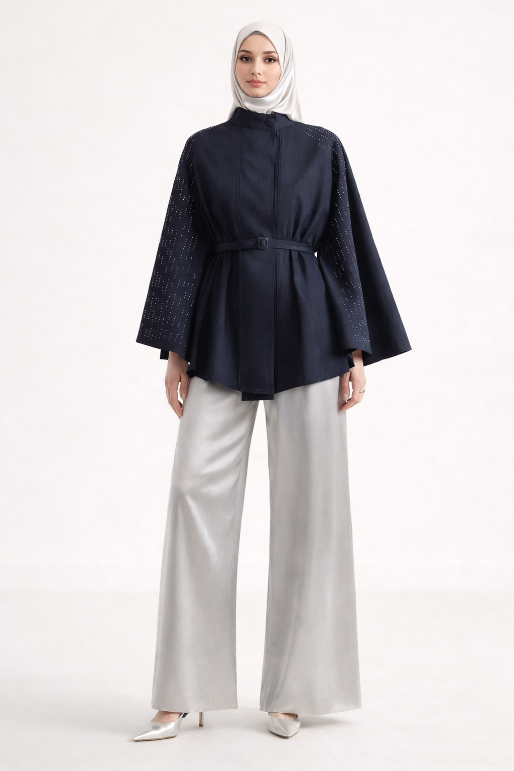 Strass-Embellished Belted Cape Jacket