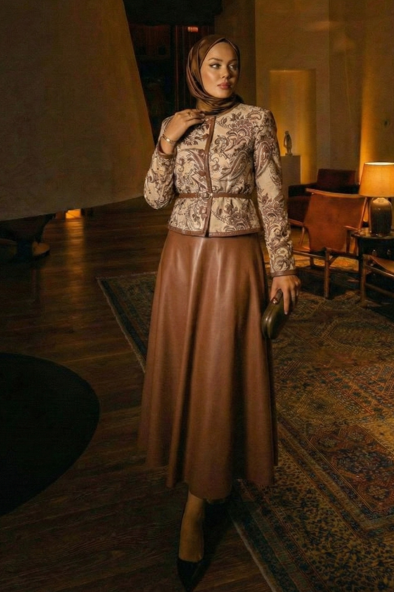 Paisley Jacket & Faux Leather Skirt Set -Caramel