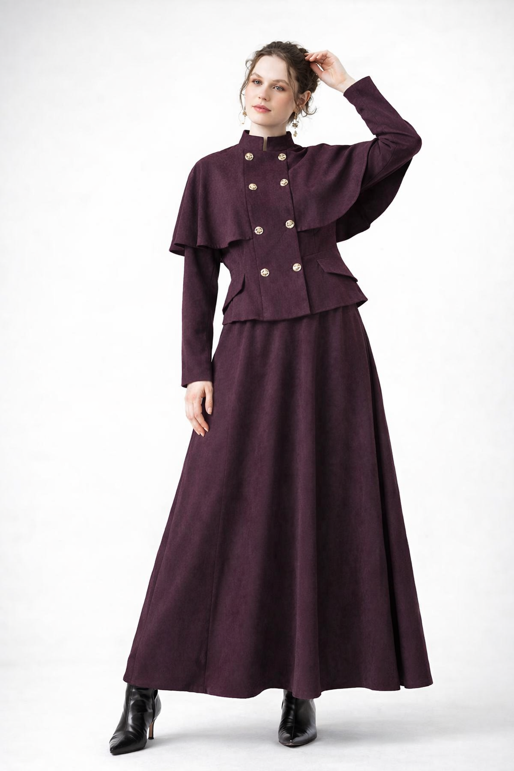 Delicate Suede Cape Set -Plum