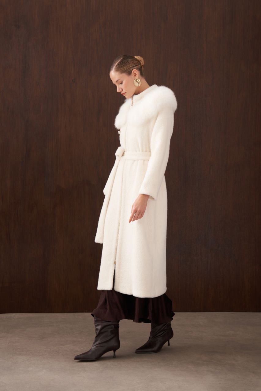 Angora-Touch Coat with Fur Cape Accent - Cloud Dancer