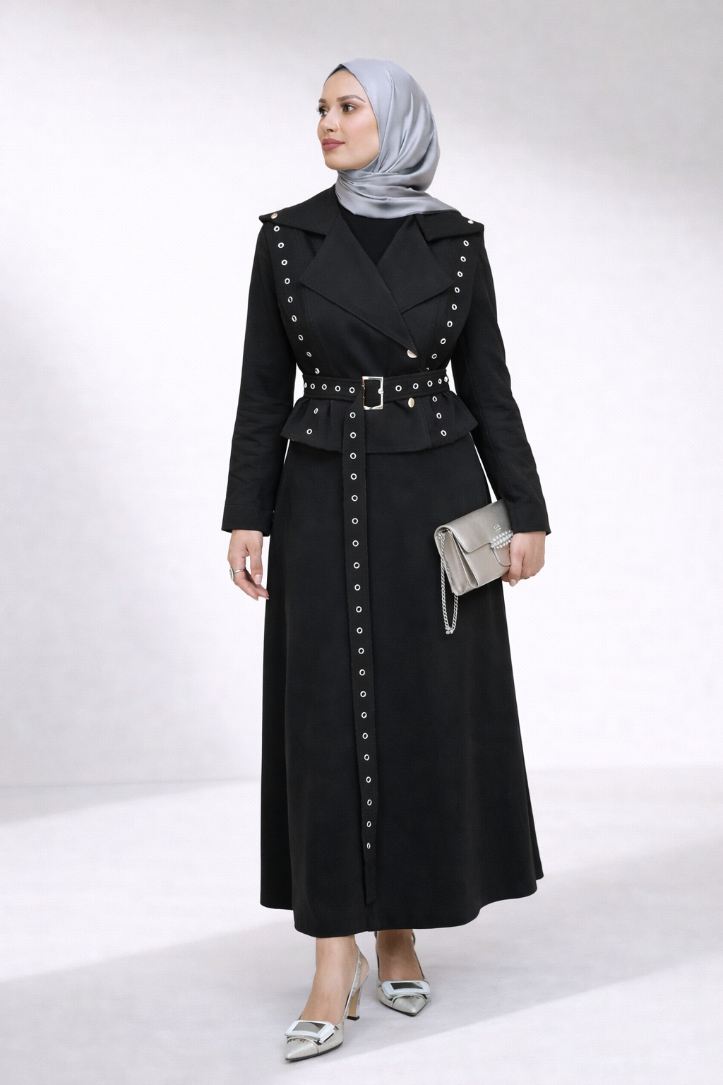 Silver Eyelet Tailored Skirt Set-Midnight Noir