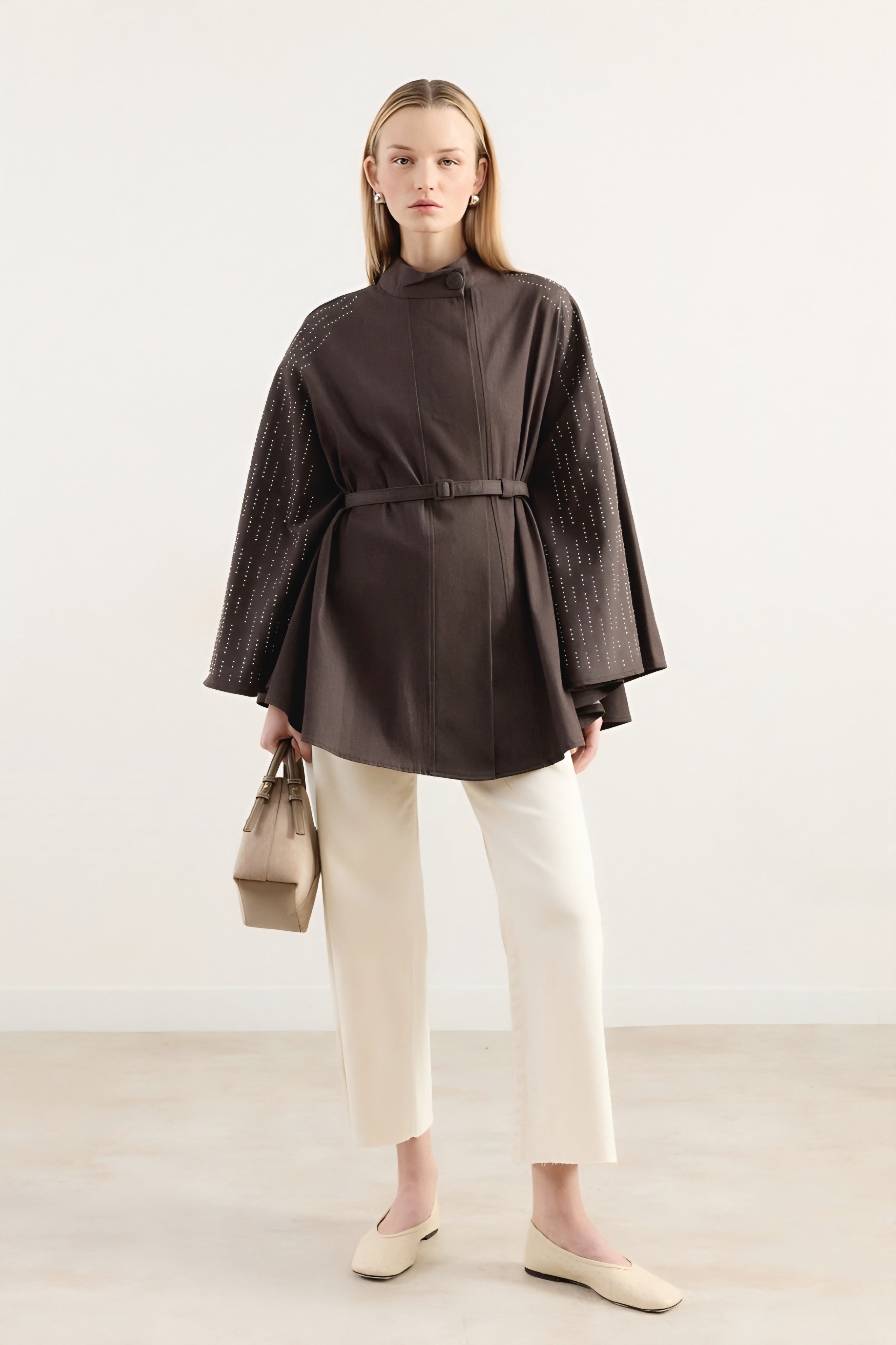 Strass-Embellished Belted Cape Jacket - Soft Mocha