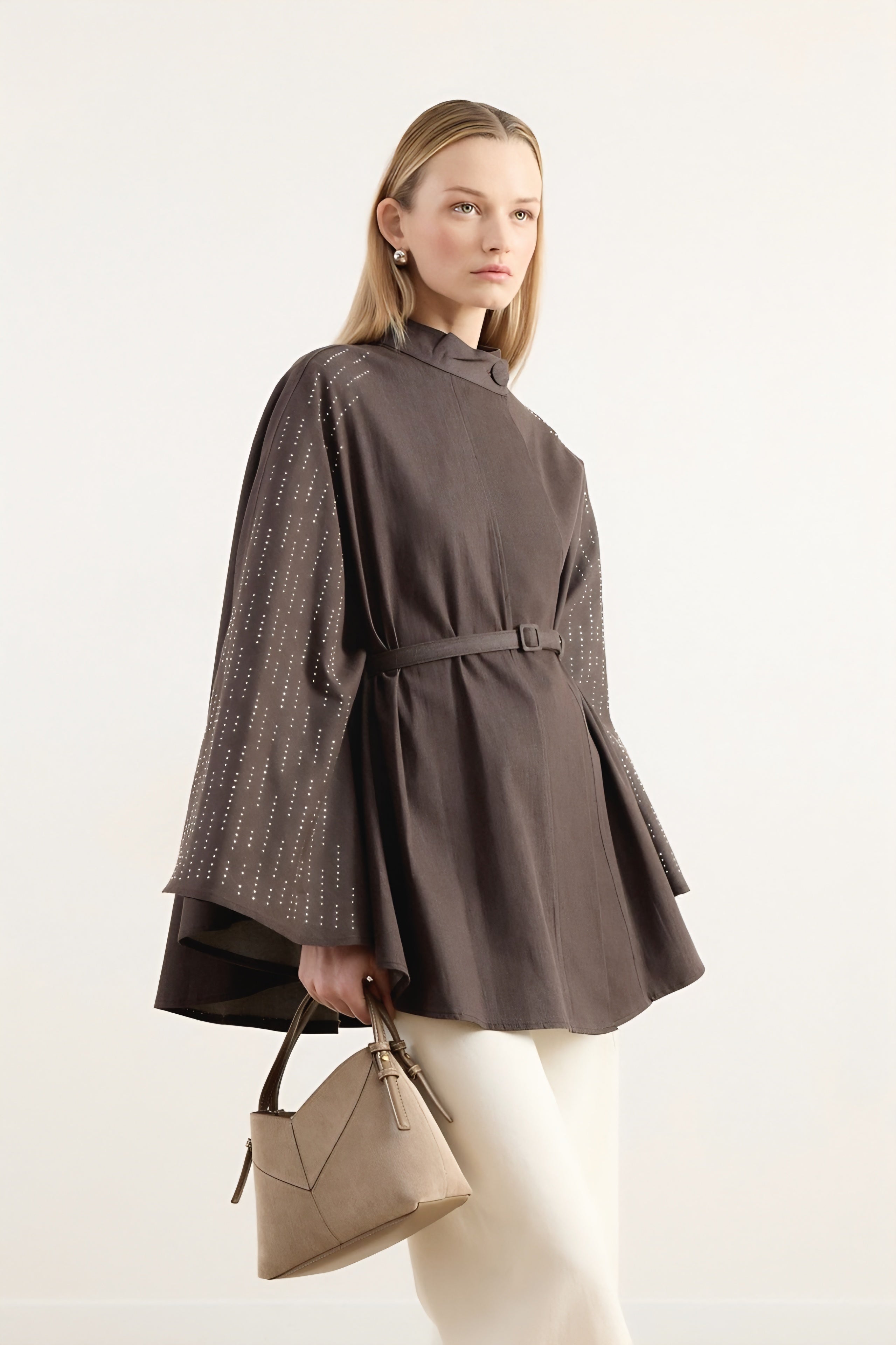 Strass-Embellished Belted Cape Jacket - Soft Mocha
