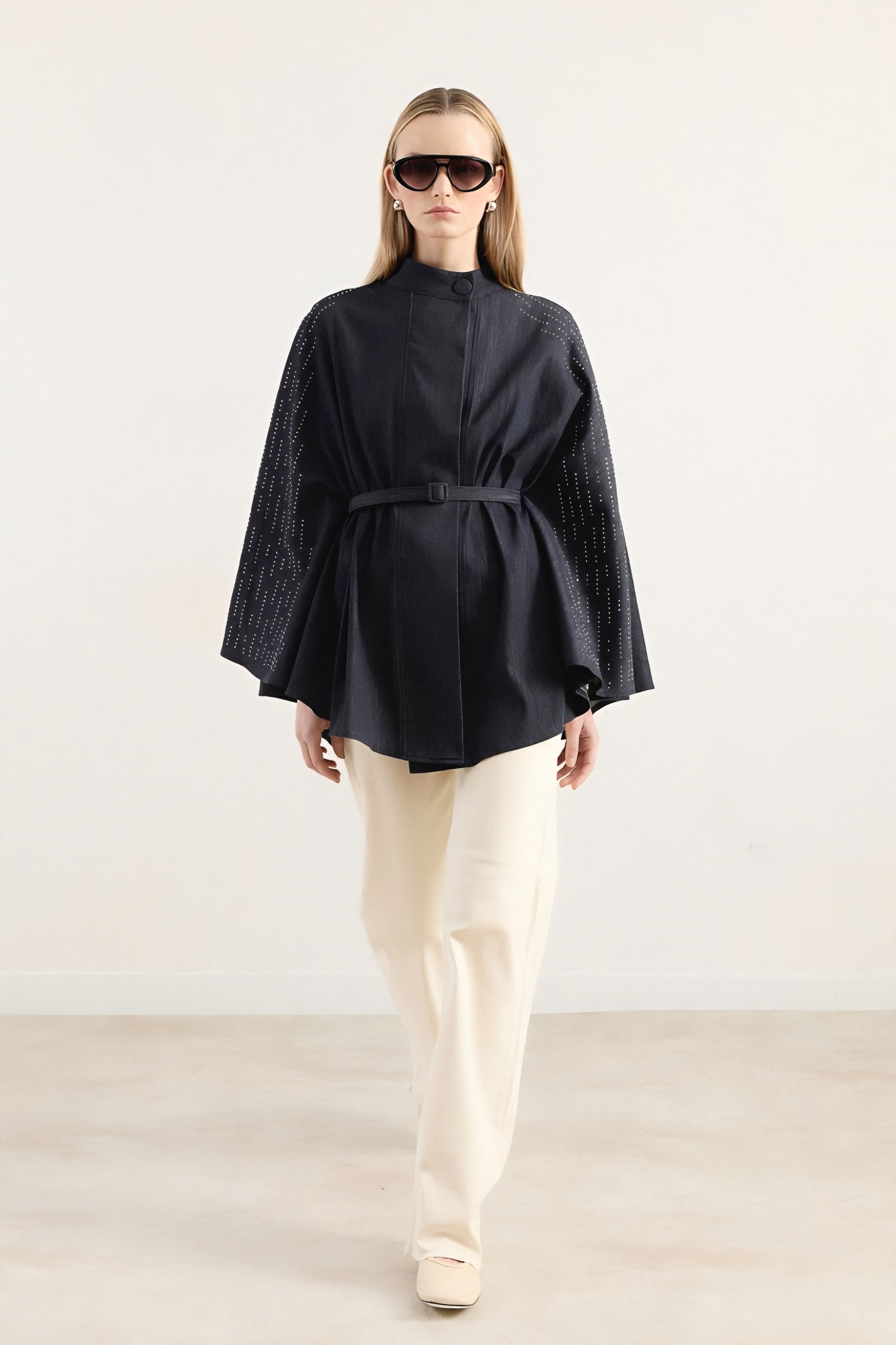 Strass-Embellished Belted Cape Jacket