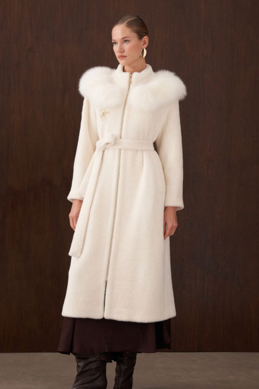 Angora-Touch Coat with Fur Cape Accent - Cloud Dancer