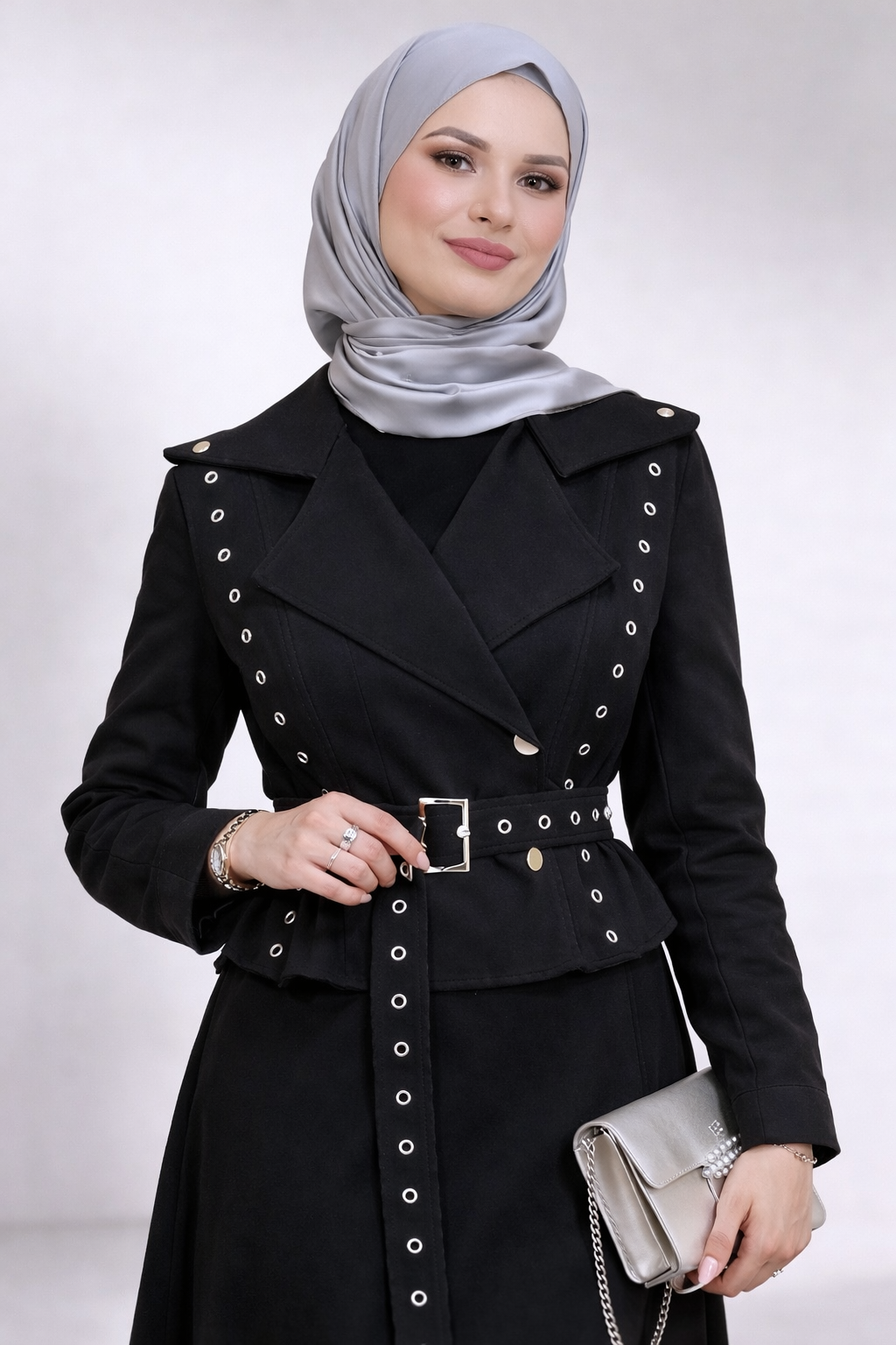 Silver Eyelet Tailored Skirt Set-Midnight Noir