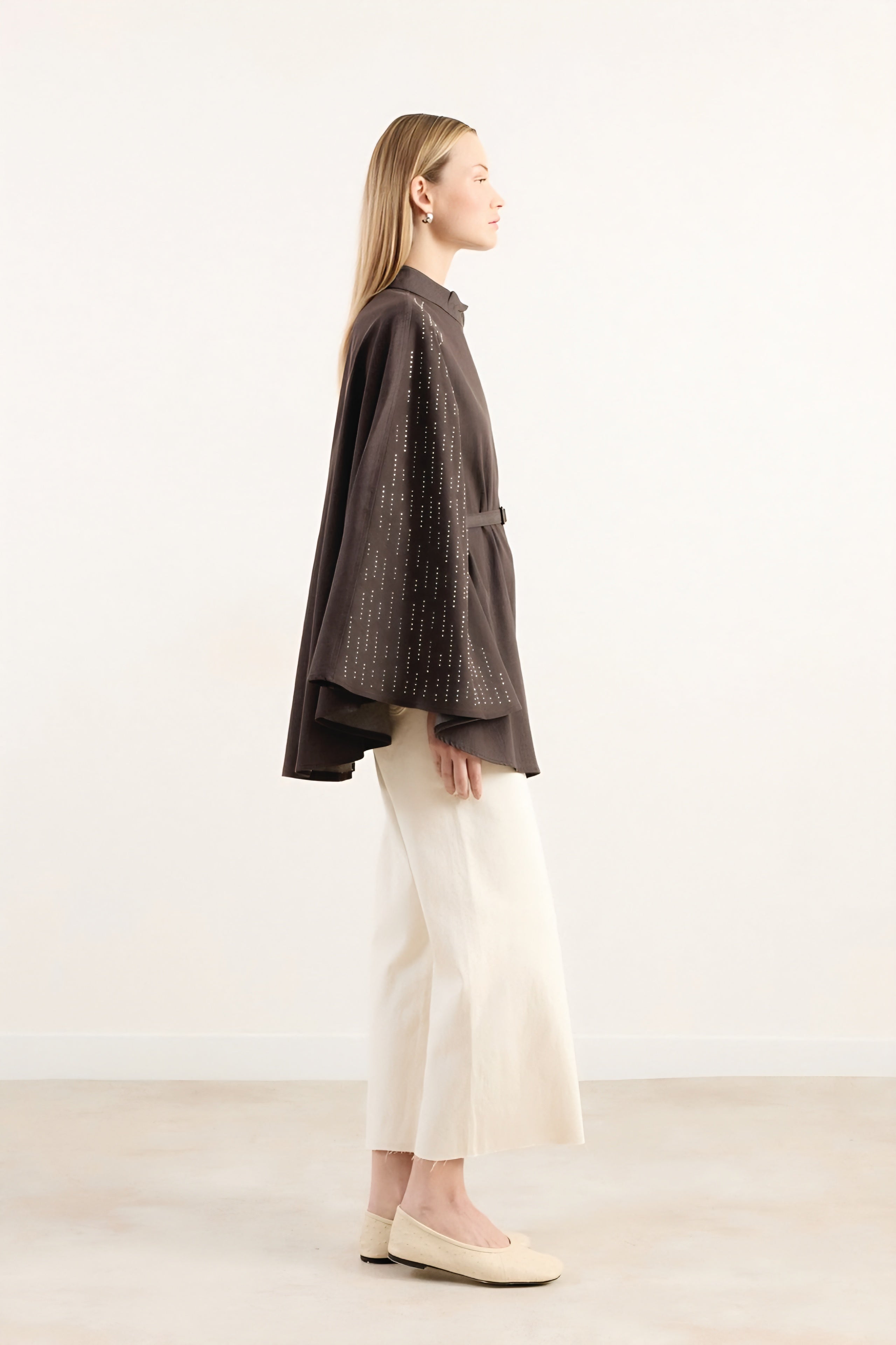 Strass-Embellished Belted Cape Jacket - Soft Mocha
