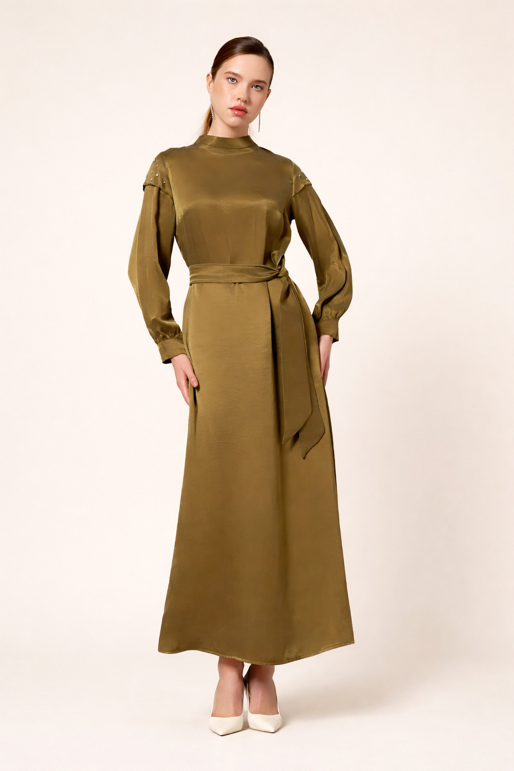 Crystal-Stud Silk-Touch Dress-Olive Glow