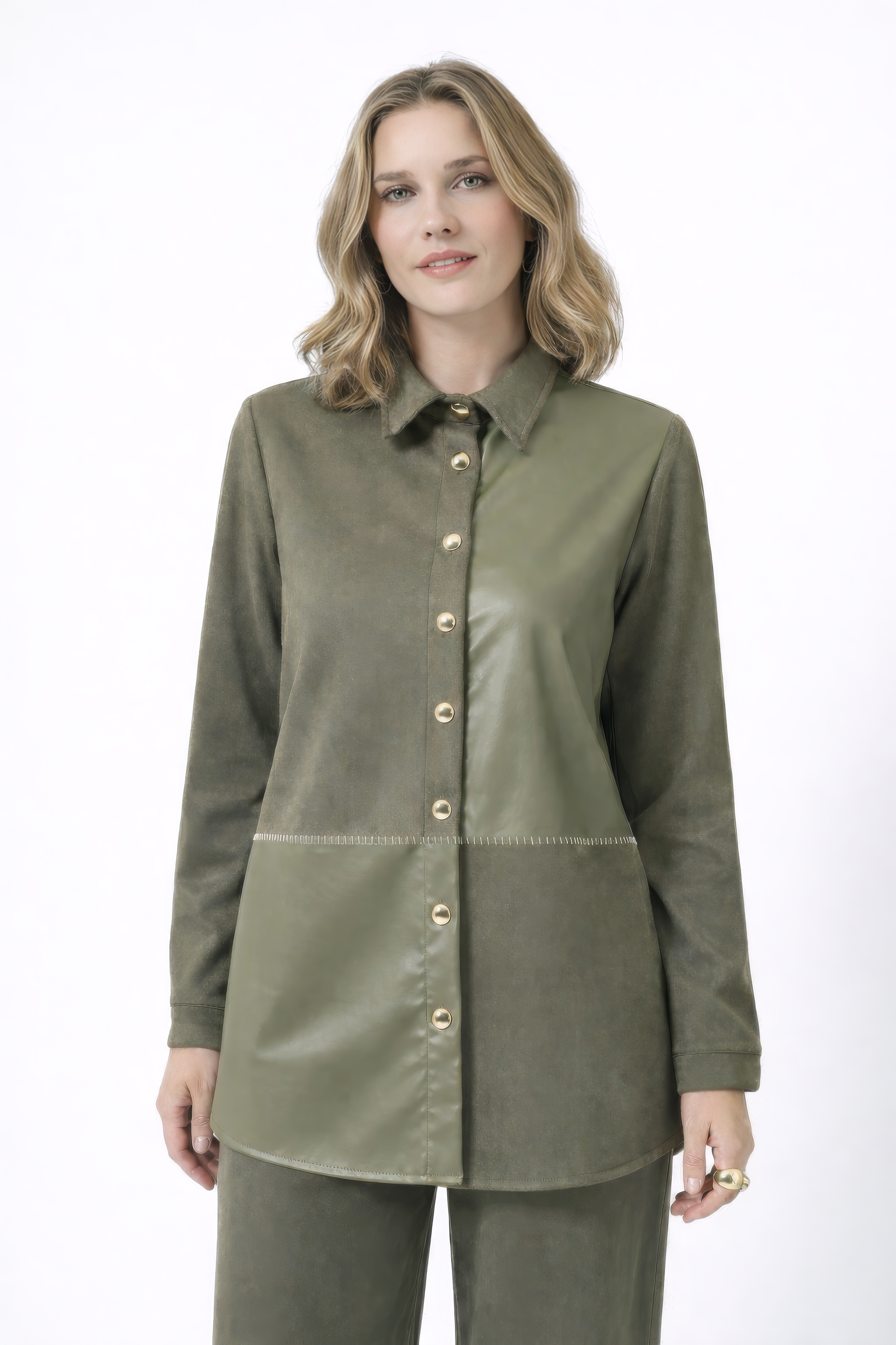 Refined Suede and Leather Ensemble-Reseda Green