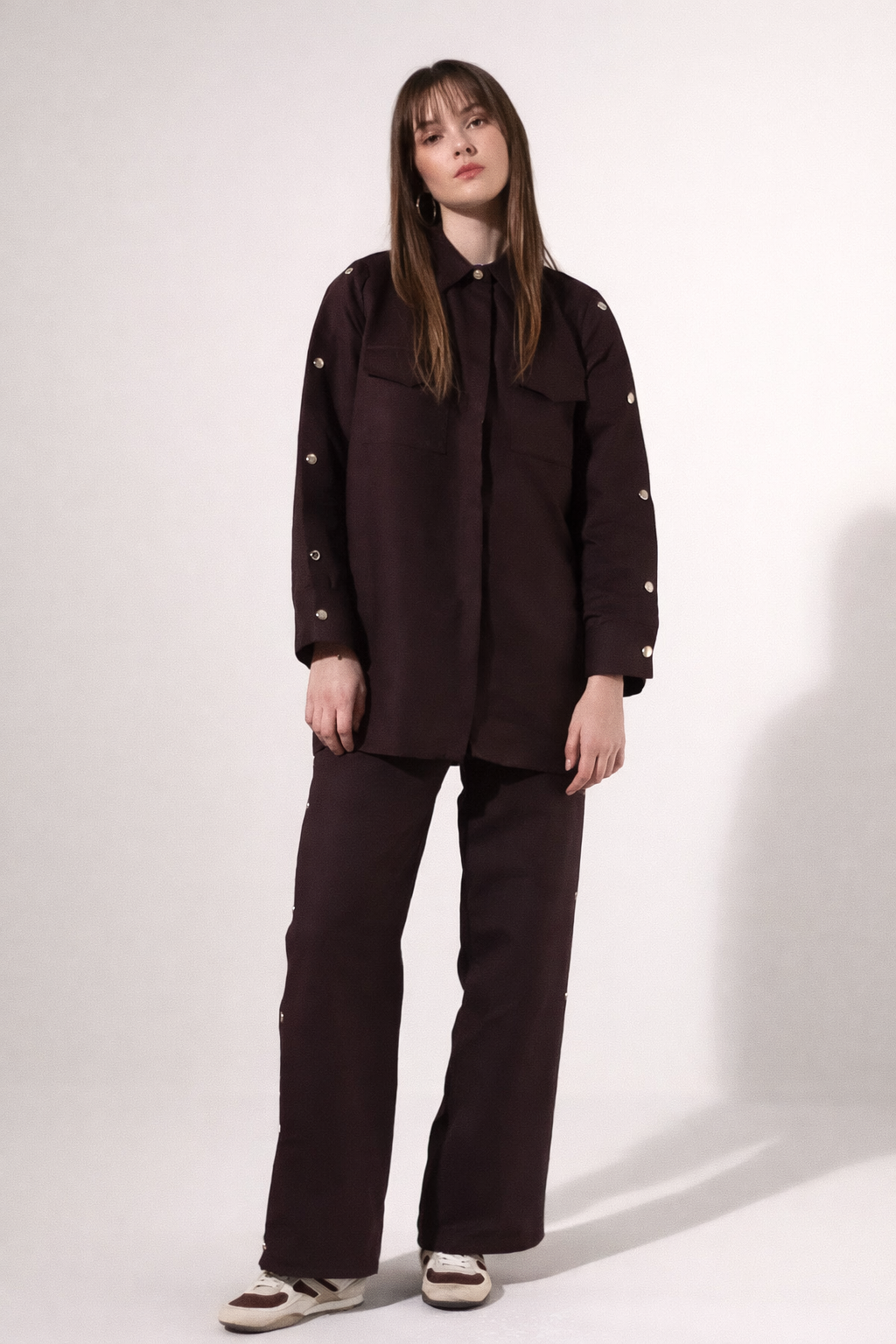 Suede Touch Gold Button Pant Set – Velvet Plum