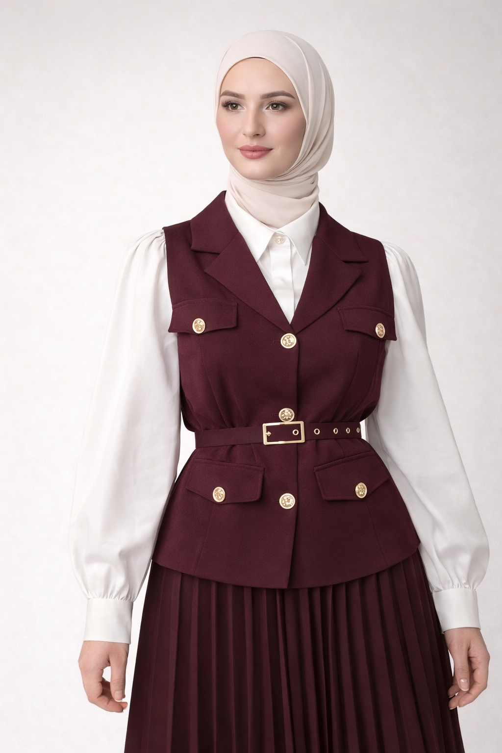 Gold-Button Pleated Skirt Set- Royal Mulberry