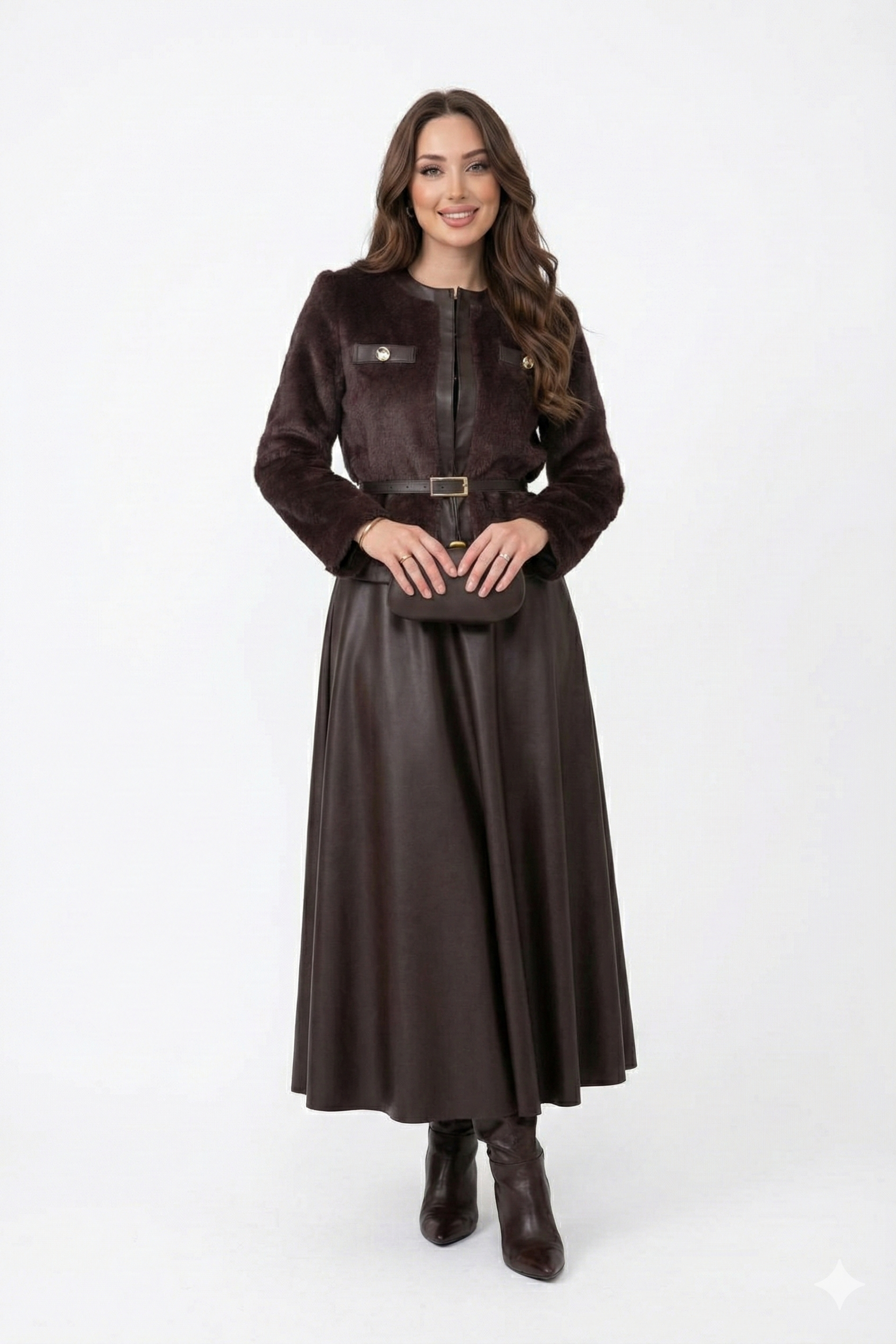 Premium Faux Fur & Leather Ensemble - Aubergine Brown