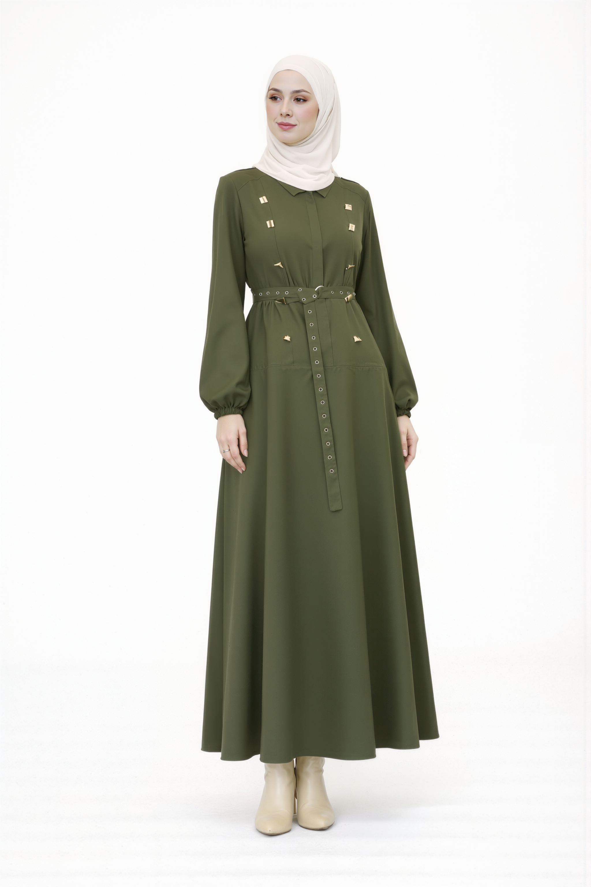 Silver Eyelet Belted Dress-Forest Khaki