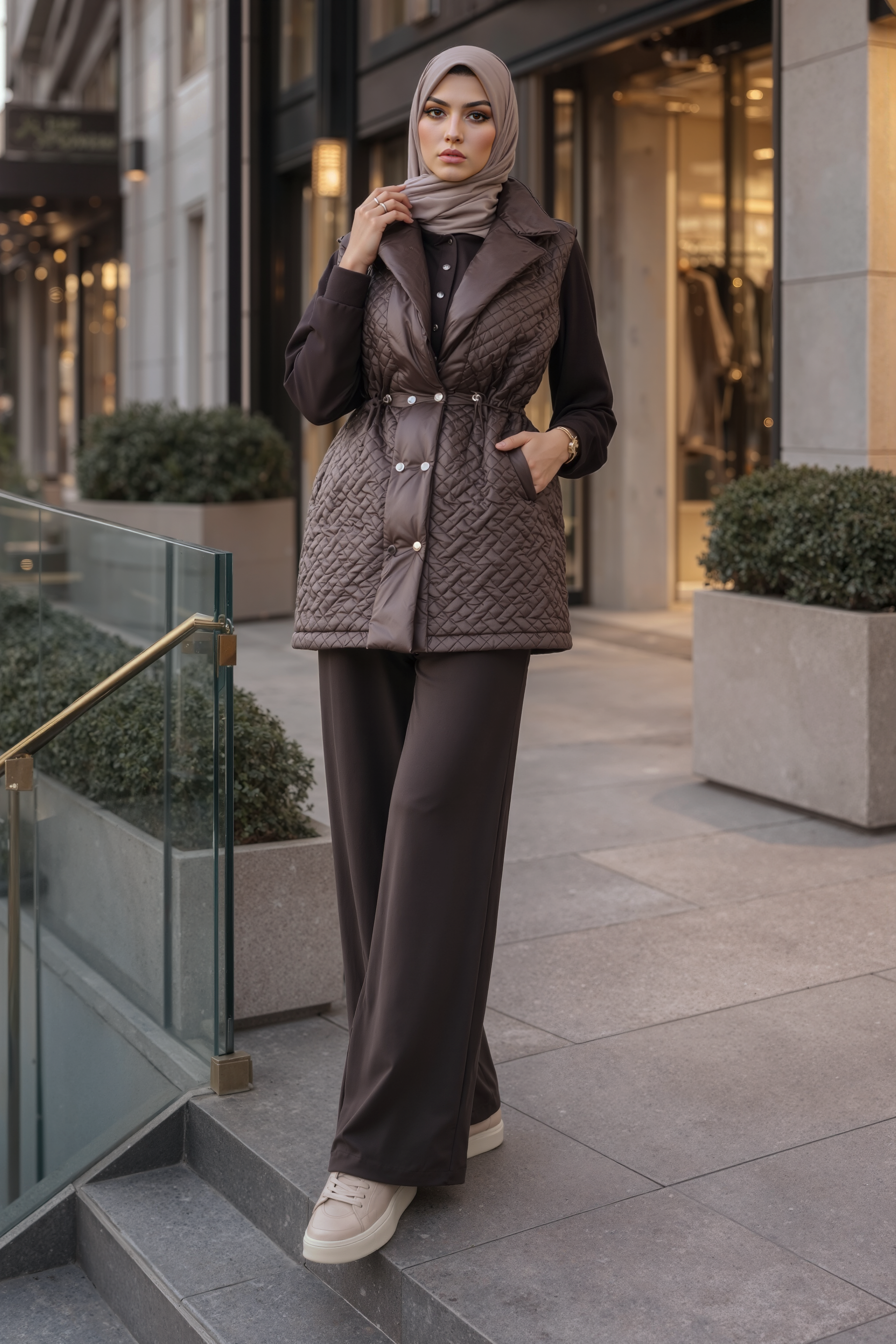 Quilted Vest Pant Set-Deep cocoa