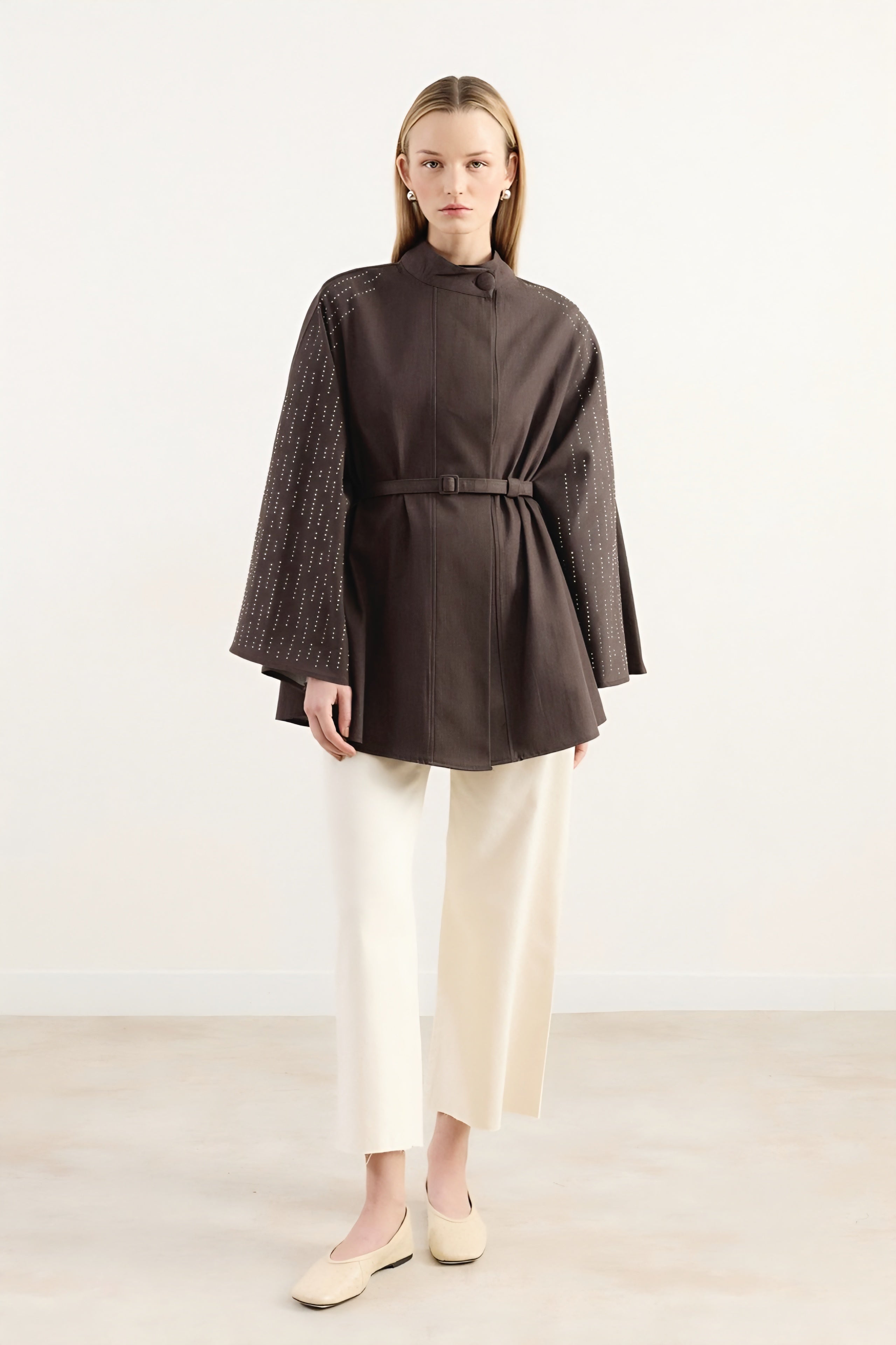 Strass-Embellished Belted Cape Jacket - Soft Mocha