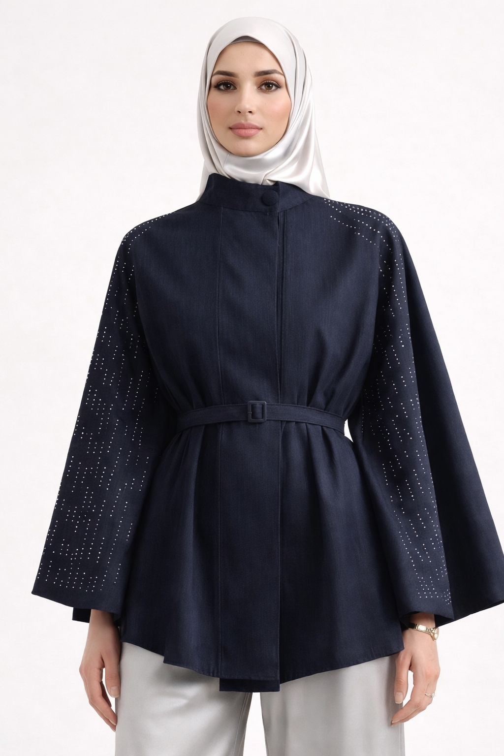 Strass-Embellished Belted Cape Jacket