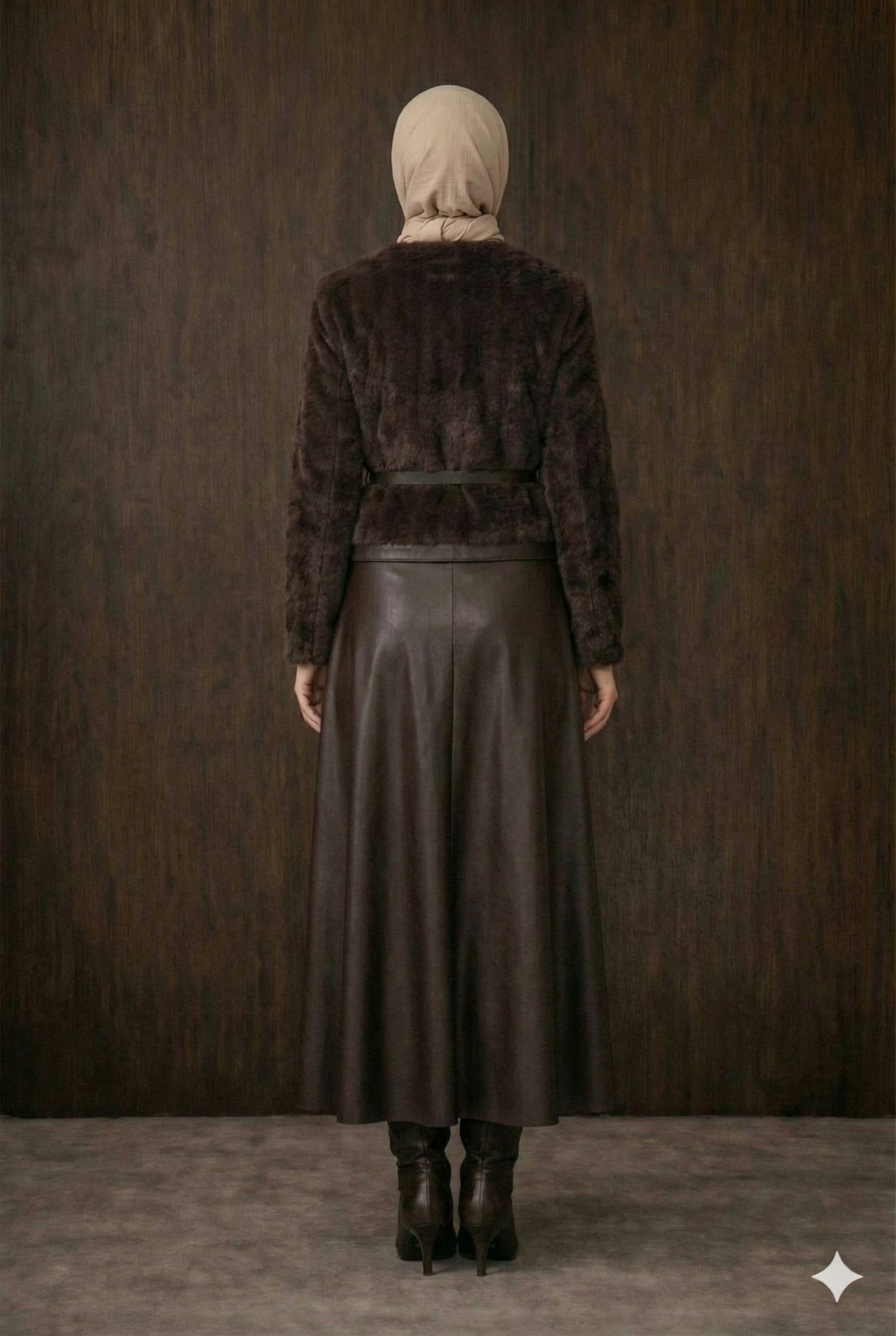 Premium Faux Fur & Leather Ensemble - Aubergine Brown