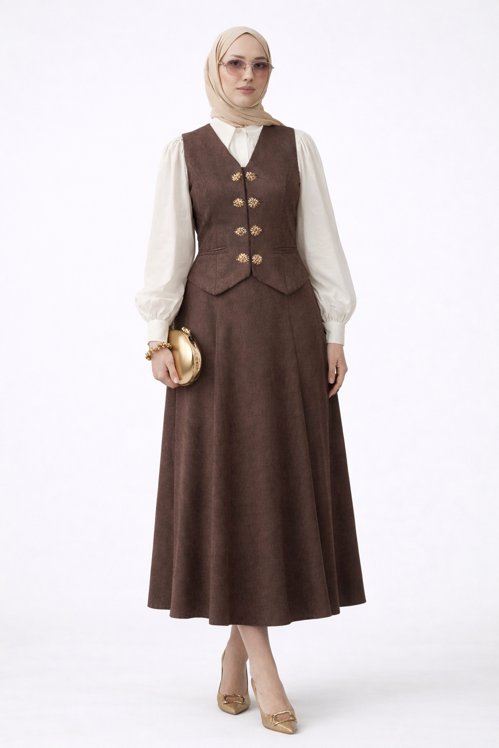 Gold Sculpted Buttons Vest Skirt Set-Cocoa