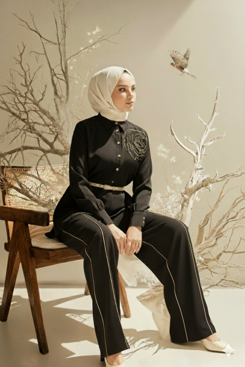 Woman in black outfit with floral embroidery sitting on a wooden chair in a minimalistic setting.