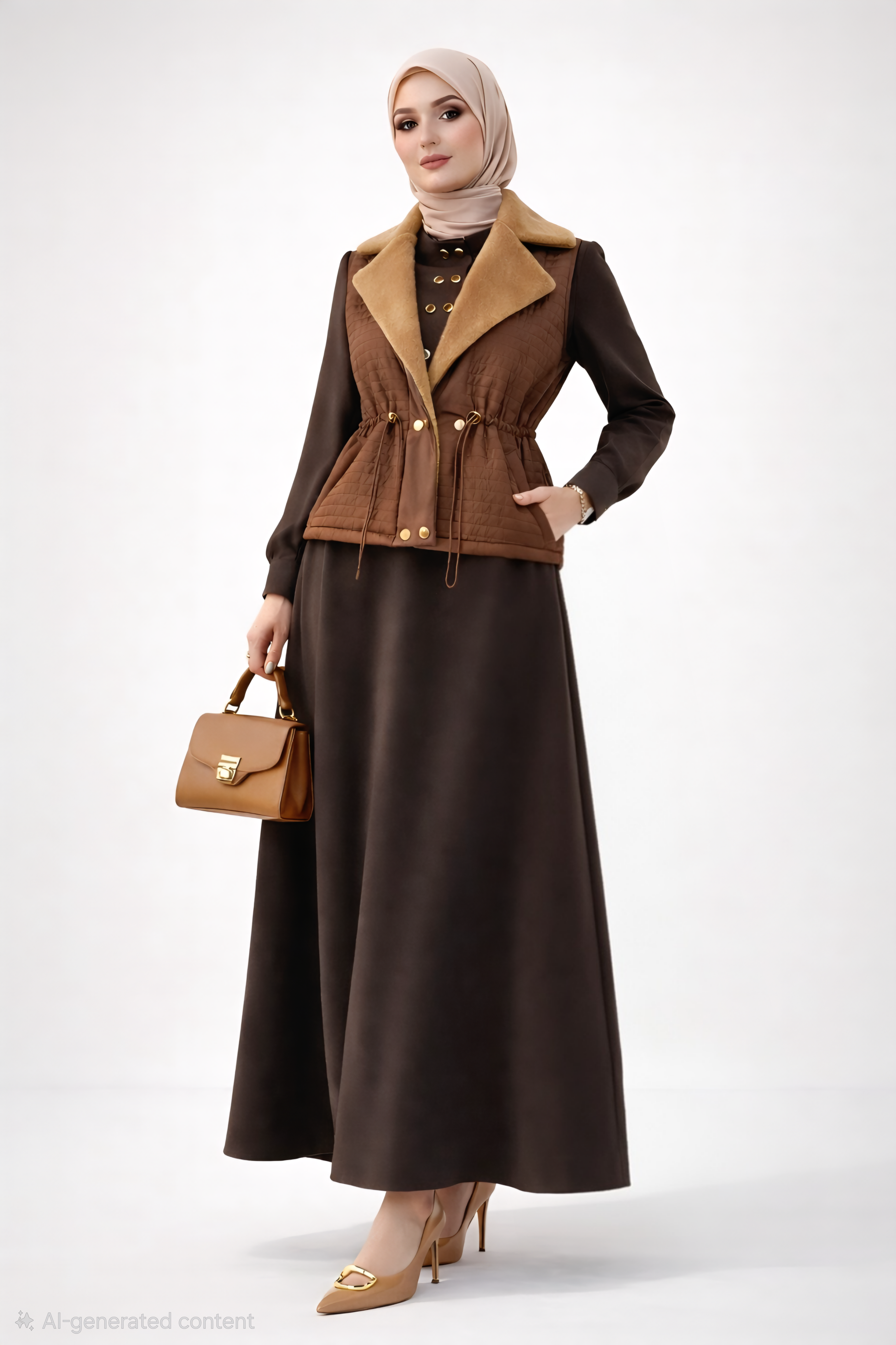 Quilted Faux Fur Layered Dress Set-Deep Cocoa