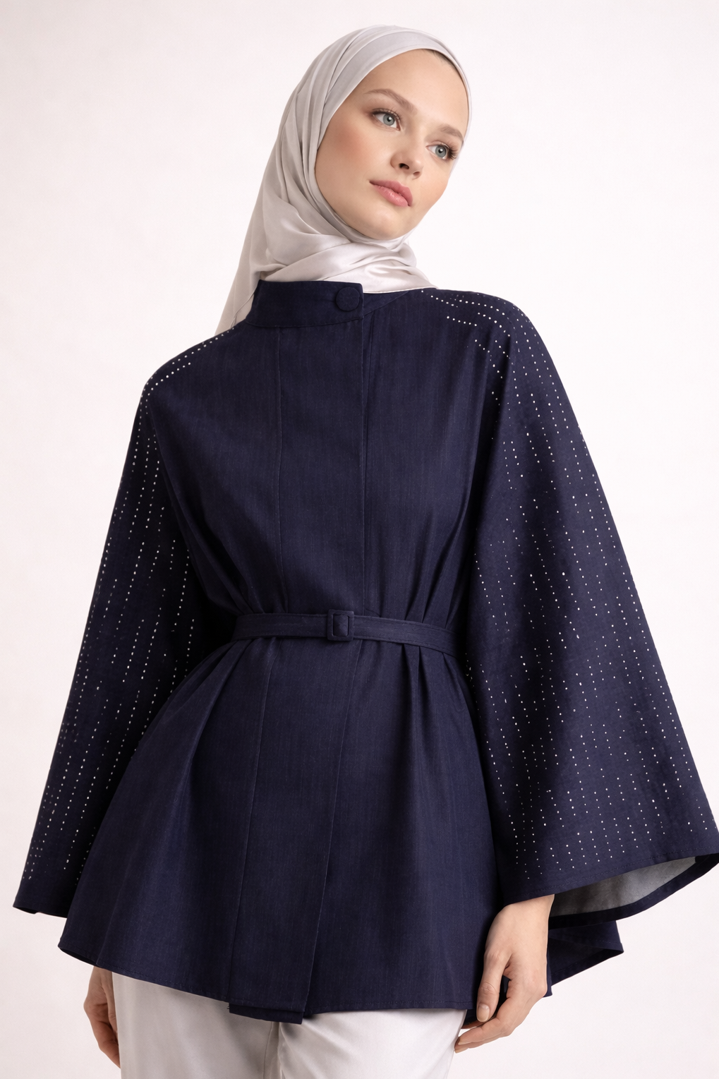 Strass-Embellished Belted Cape Jacket- Soft Navy