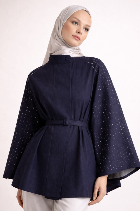 Rhinestone Embellished Denim Cape Jacket