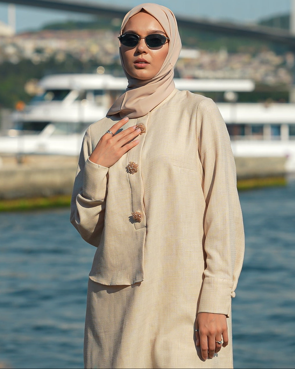 Brooch Accent Tunic In Misted Gold