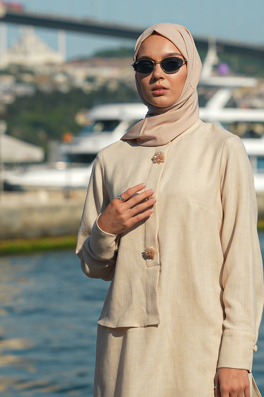 Brooch Accent Tunic in Misted Gold | Huda Luxe Modesty