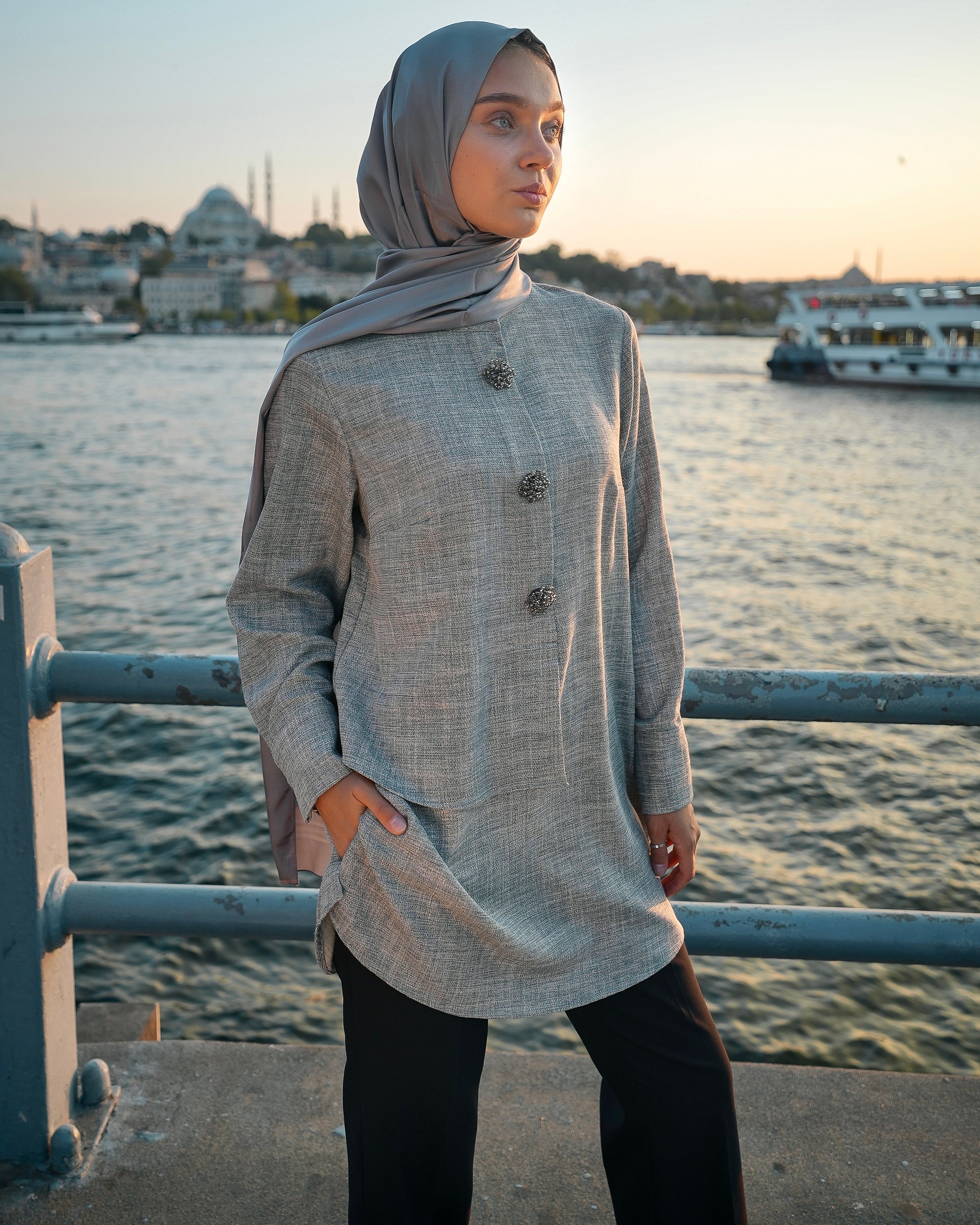 Brooch Accent Tunic In Dusky Sea