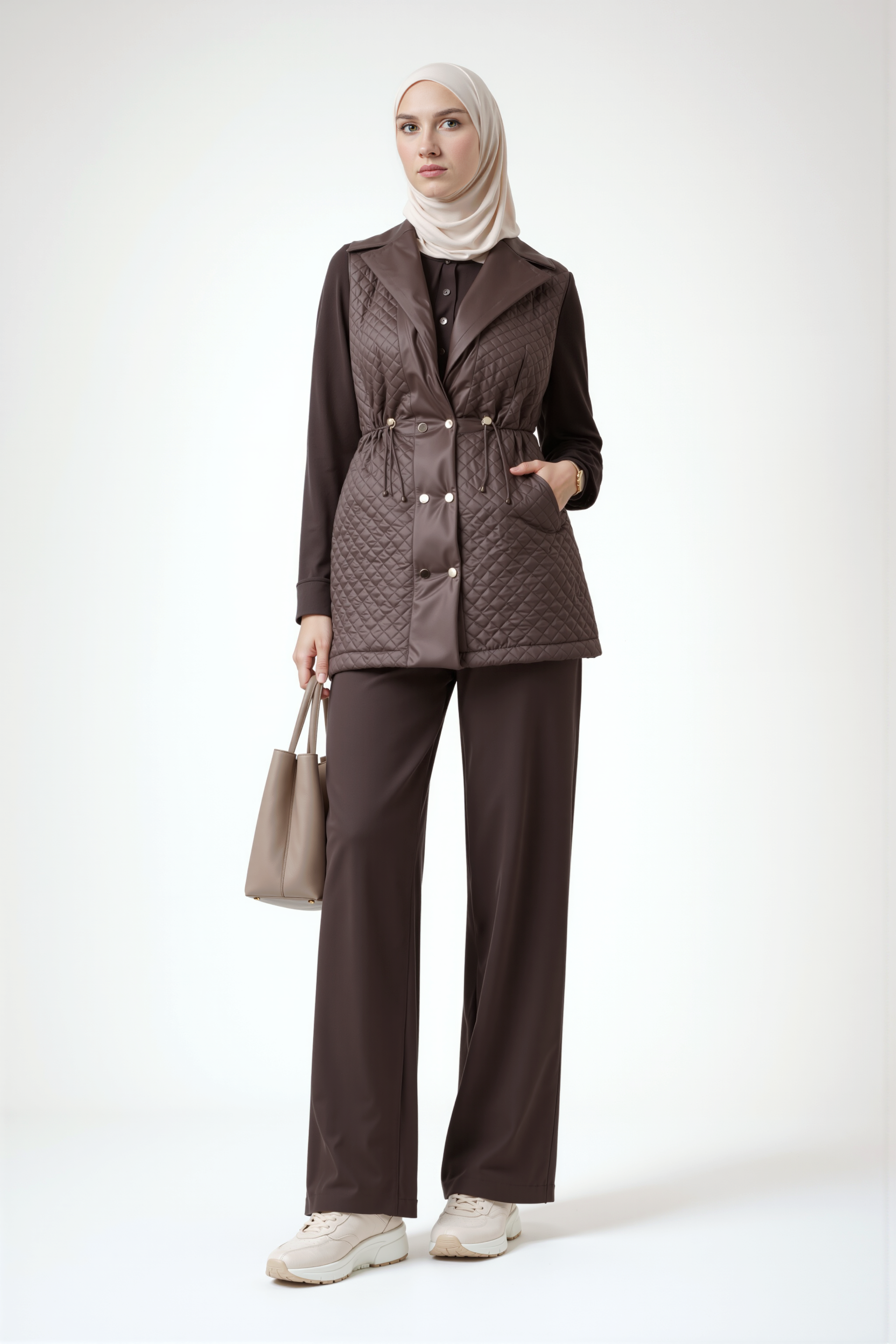 Quilted Vest Pant Set-Deep cocoa