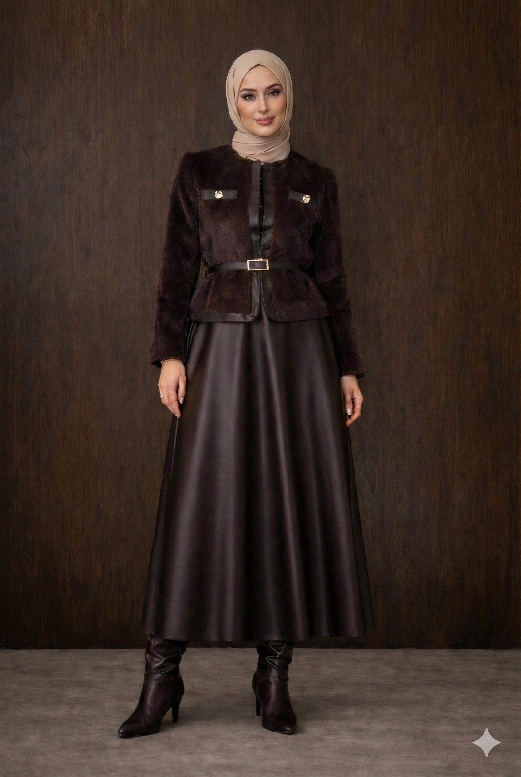 Premium Faux Fur & Leather Ensemble - Aubergine Brown