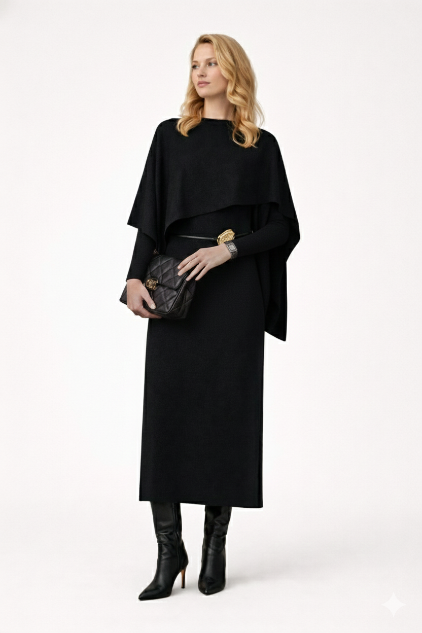 The Shawl Knit Dress Set - Soft Black