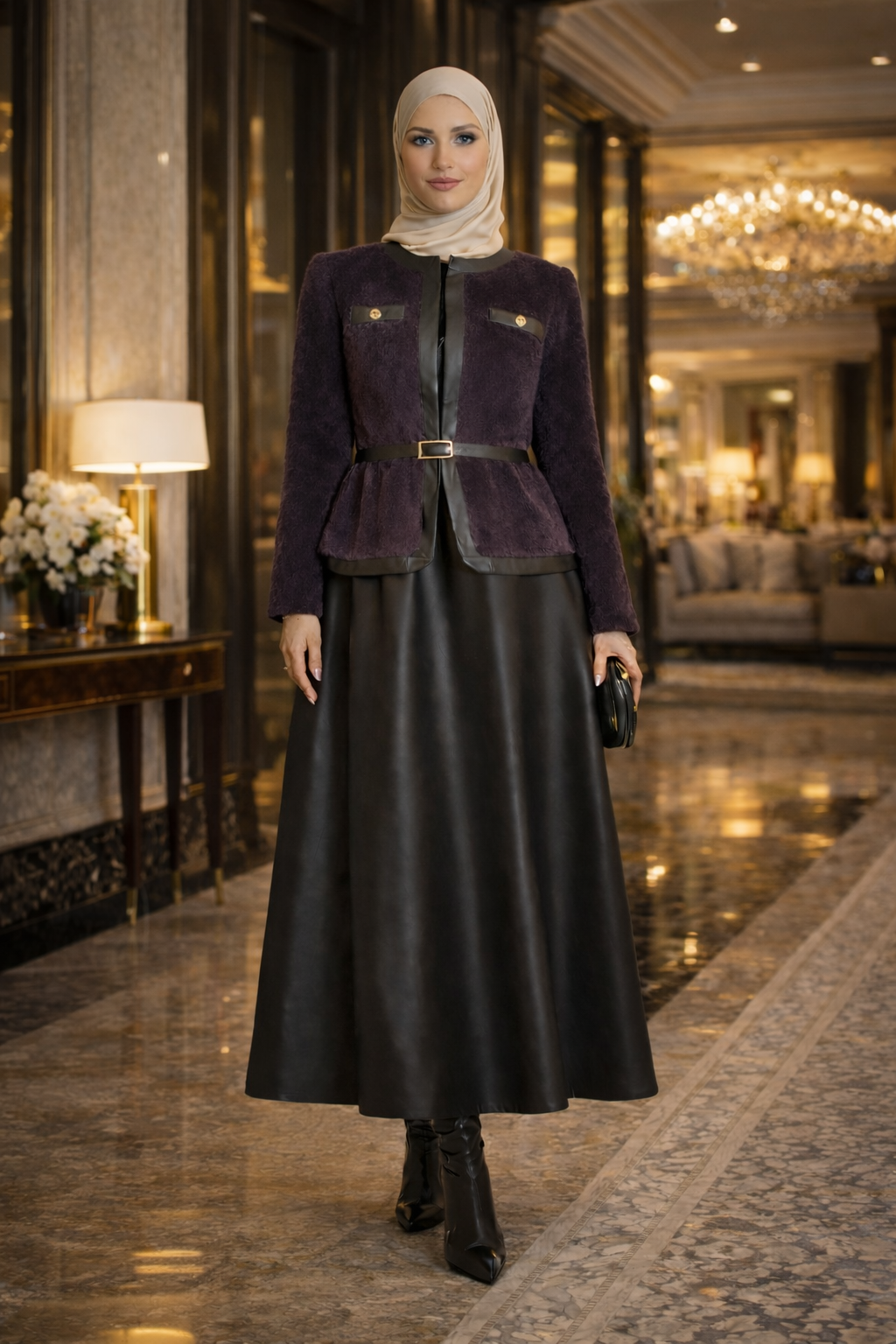 Premium Faux Fur & Leather Ensemble - Aubergine Brown