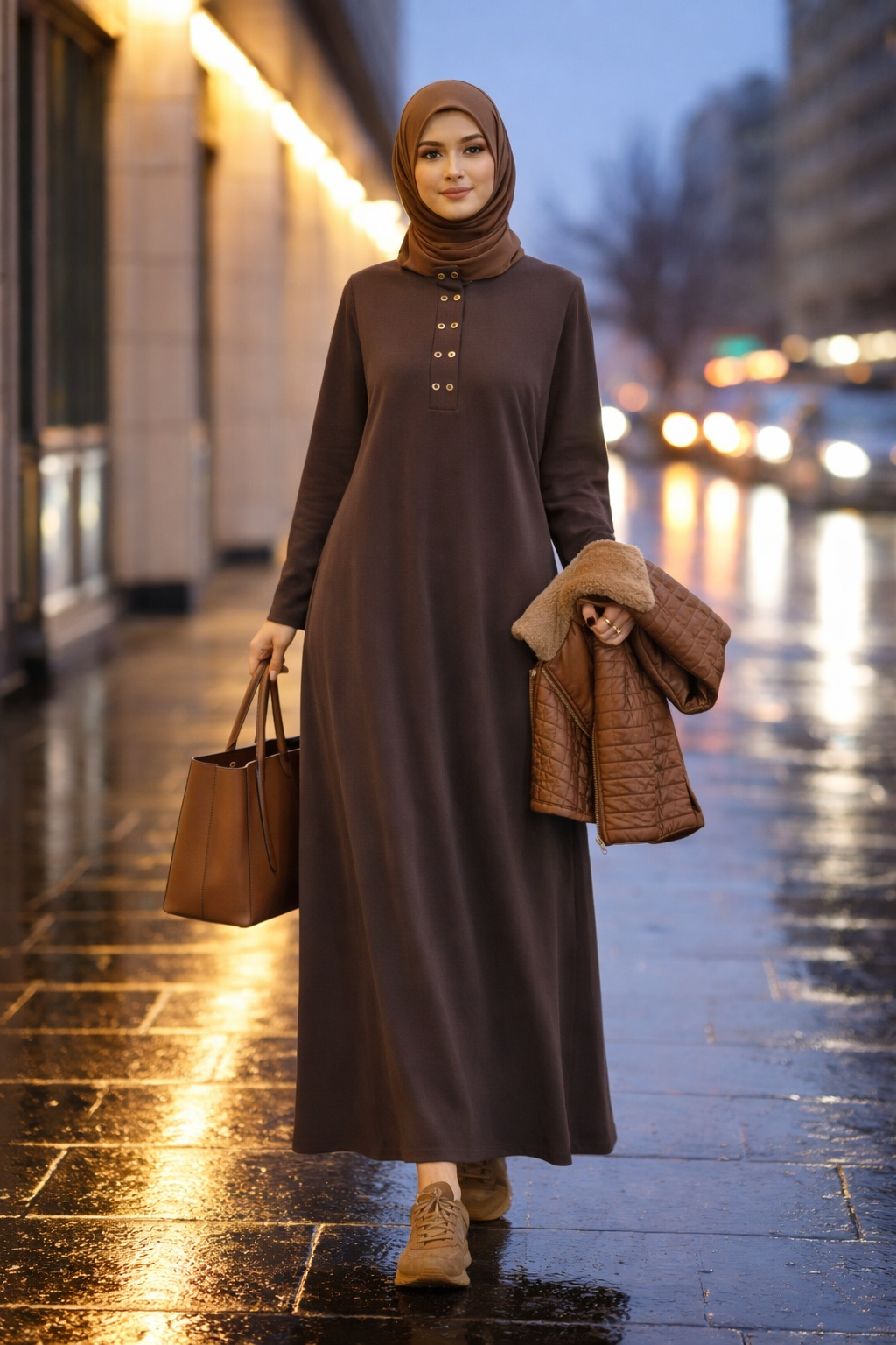 Quilted Faux Fur Layered Dress Set-Deep Cocoa