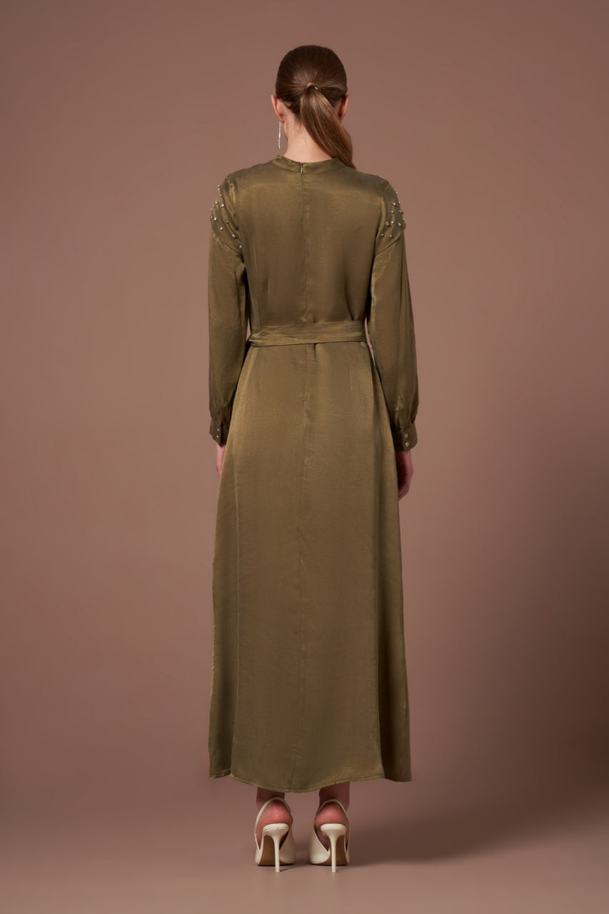 Crystal-Stud Silk-Touch Dress-Olive Glow