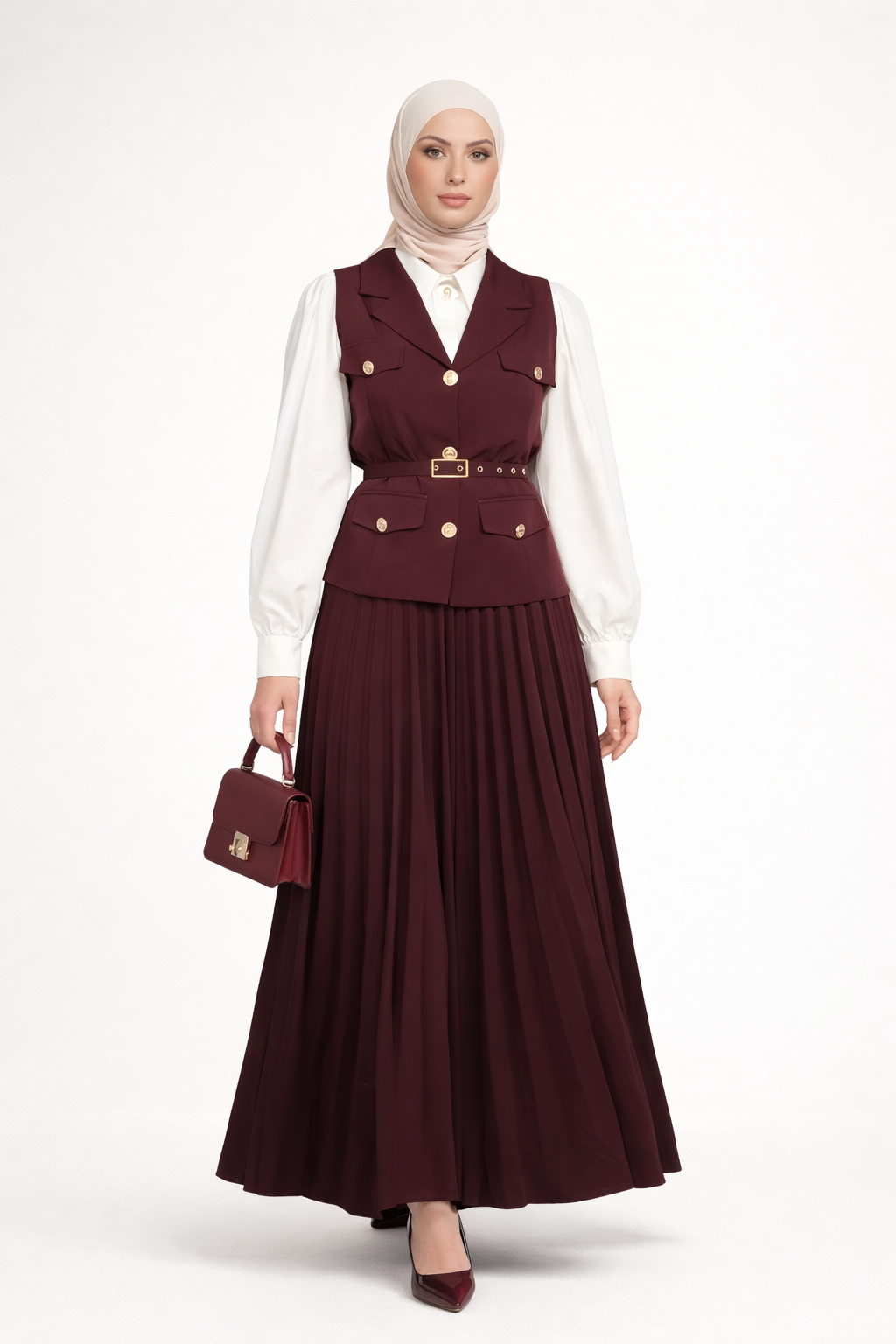 Gold-Button Pleated Skirt Set- Royal Mulberry