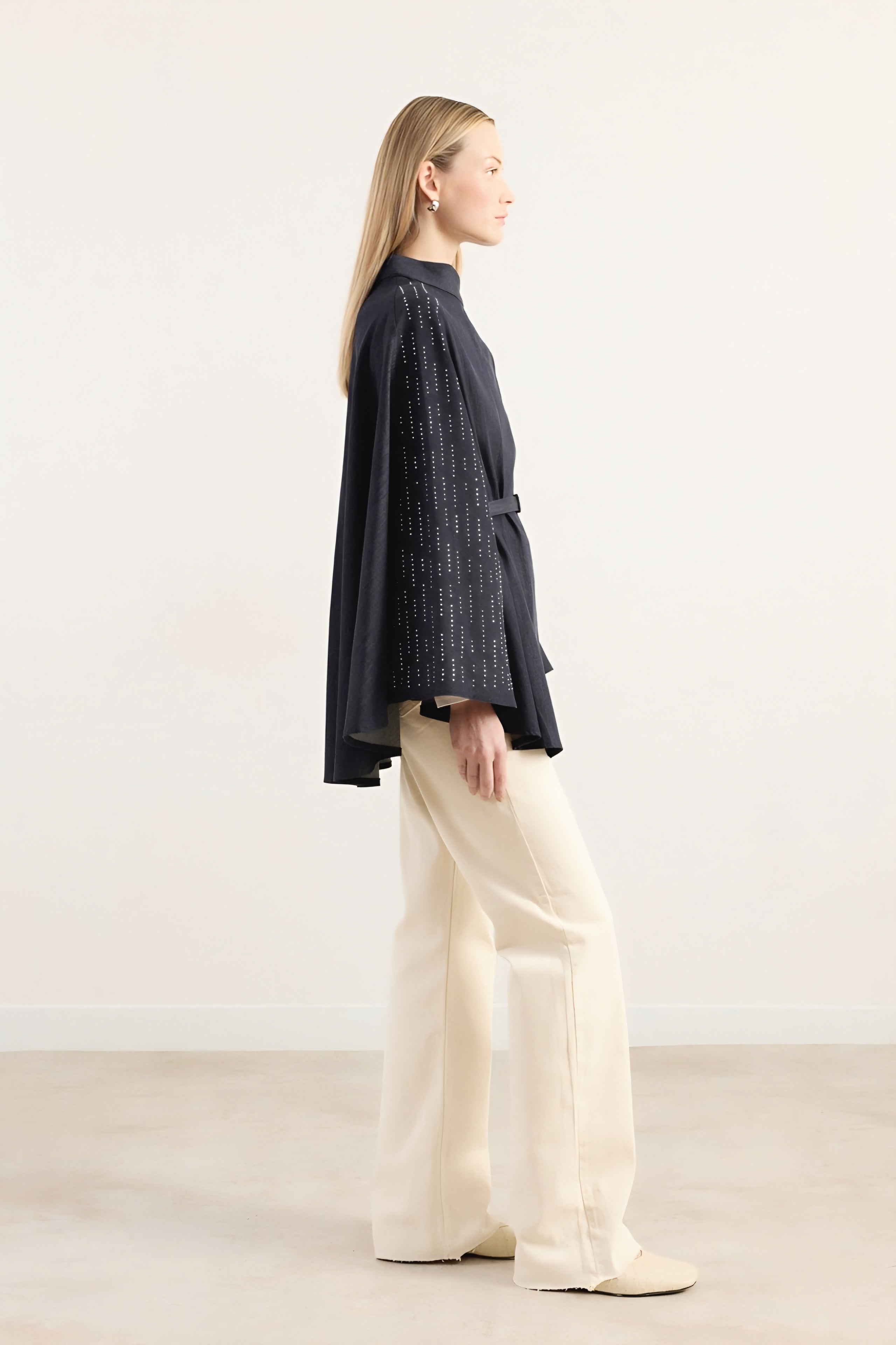 Strass-Embellished Belted Cape Jacket