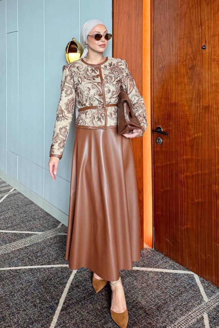 Paisley Jacket & Faux Leather Skirt Set -Caramel